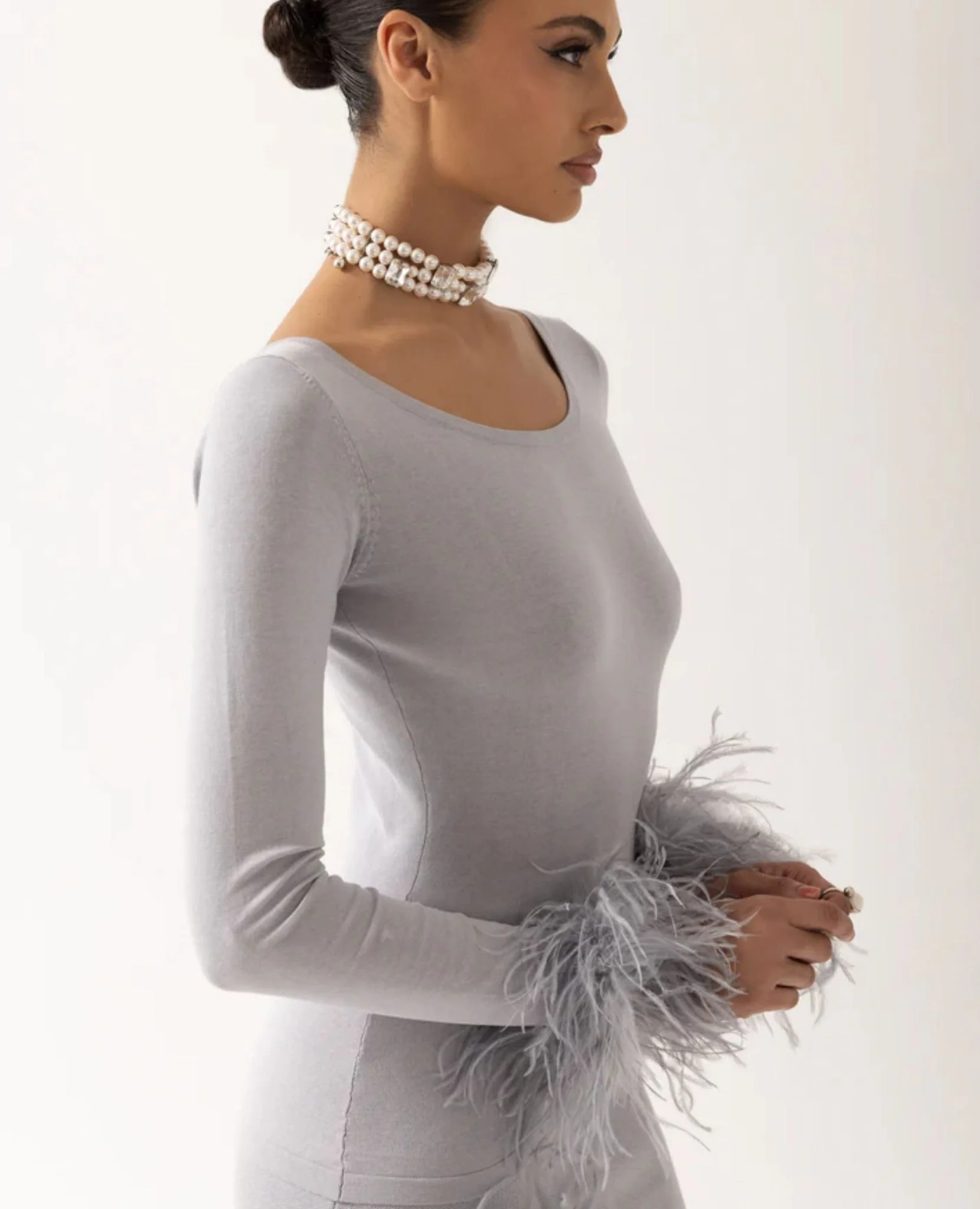 Grey Knit Top With Detachable Feather Cuffs - Image 5