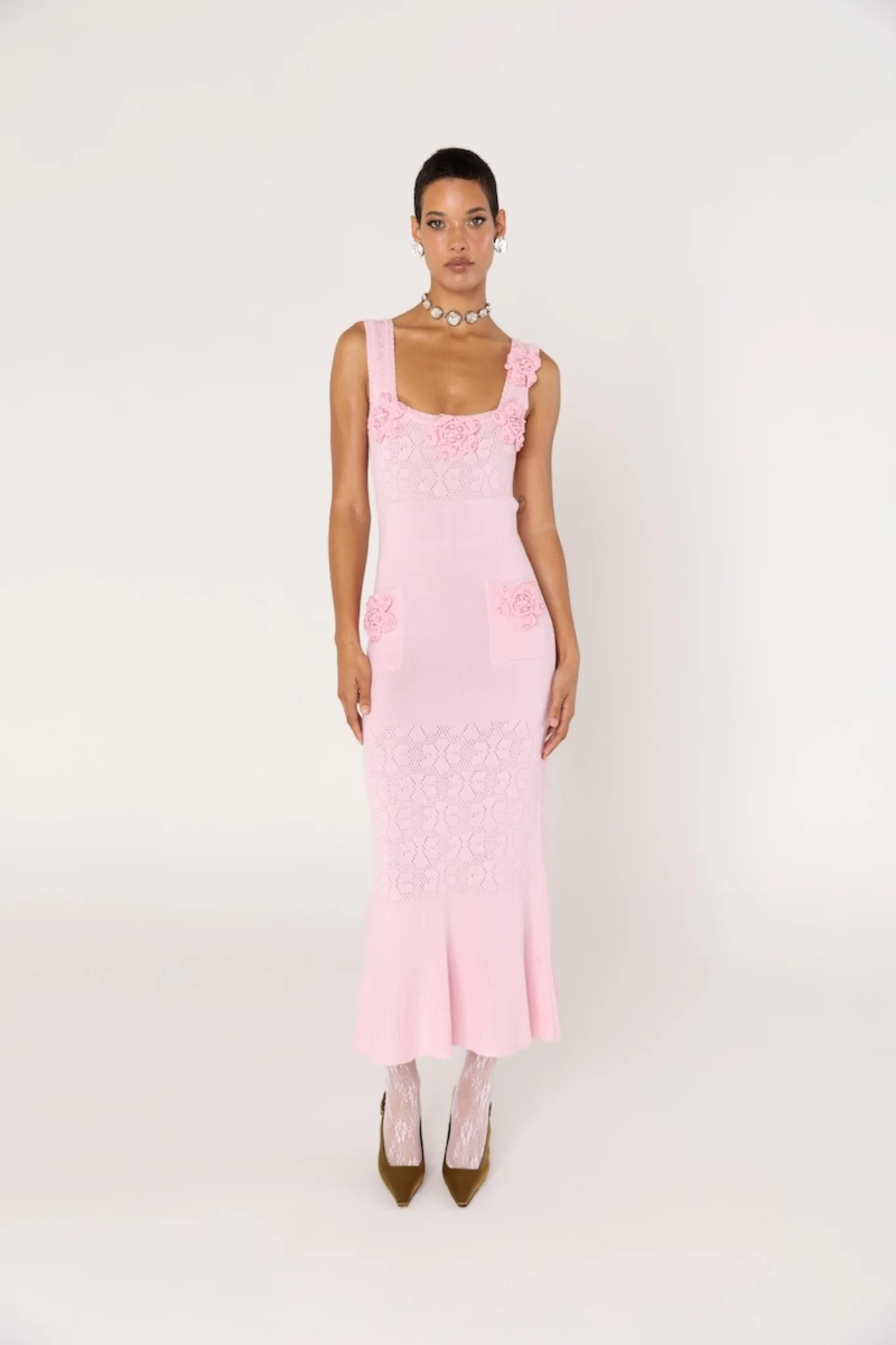 Rose Vanilla Knit Dress With Handmade Knit Details - Image 3