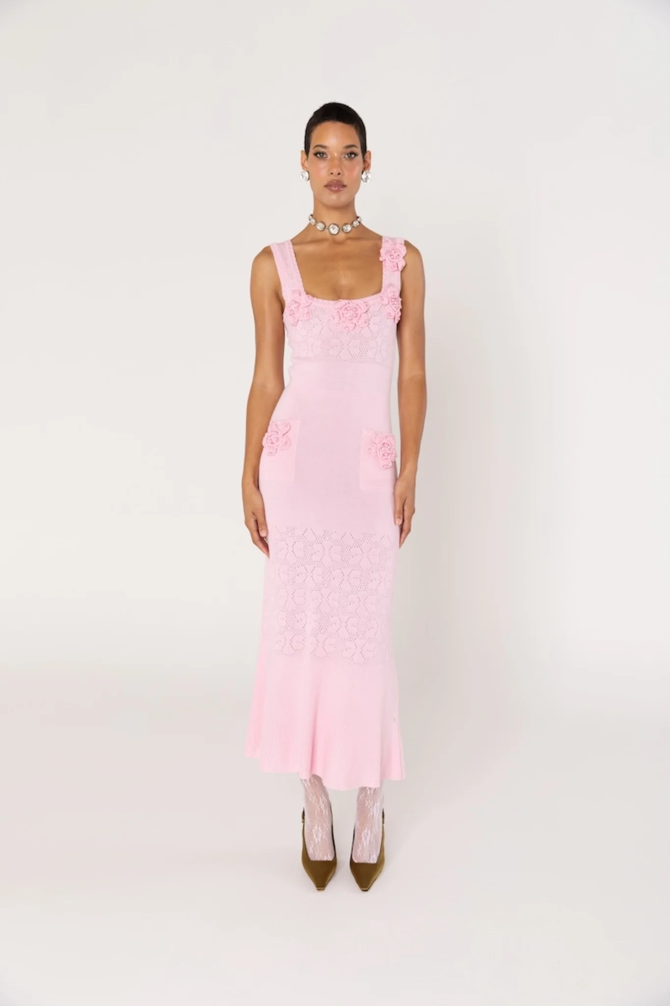 Rose Vanilla Knit Dress With Handmade Knit Details - Image 4