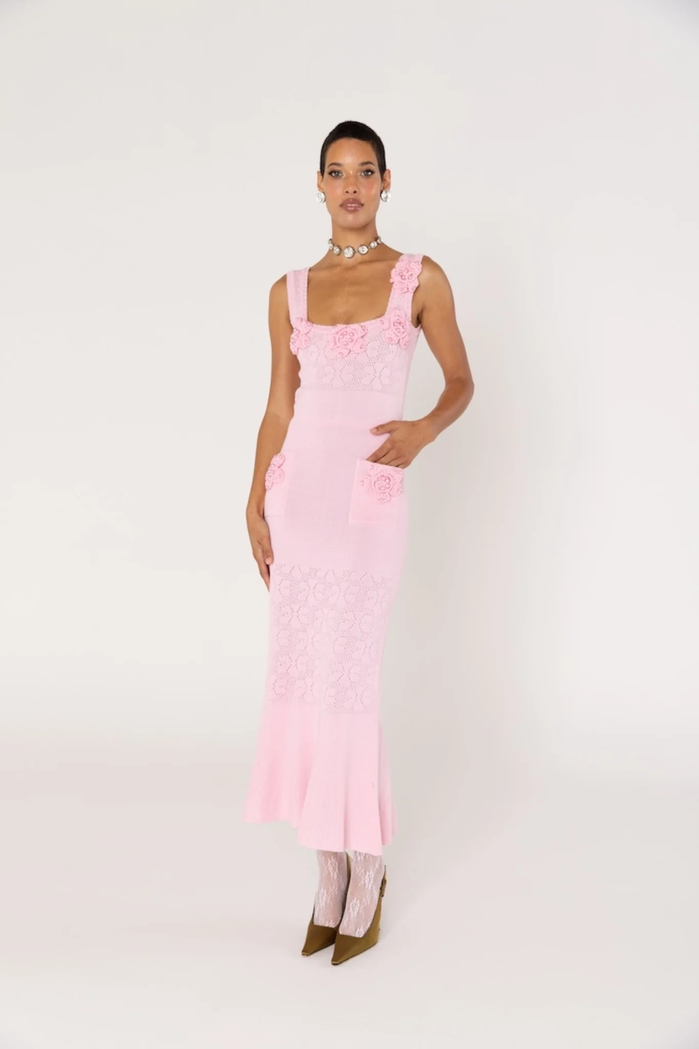 Rose Vanilla Knit Dress With Handmade Knit Details - Image 5