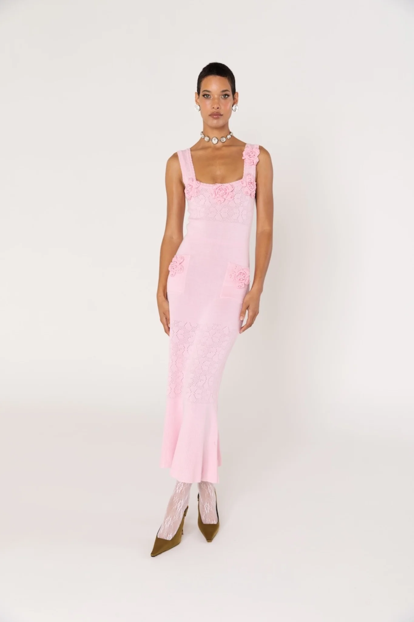 Rose Vanilla Knit Dress With Handmade Knit Details - Image 6