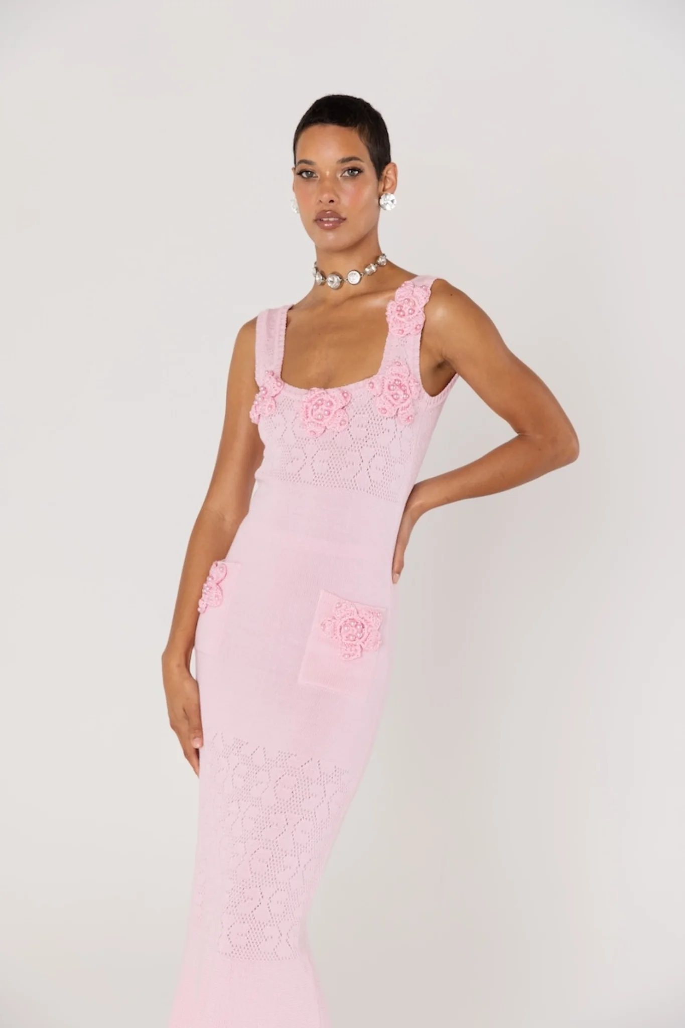 Rose Vanilla Knit Dress With Handmade Knit Details - Image 7