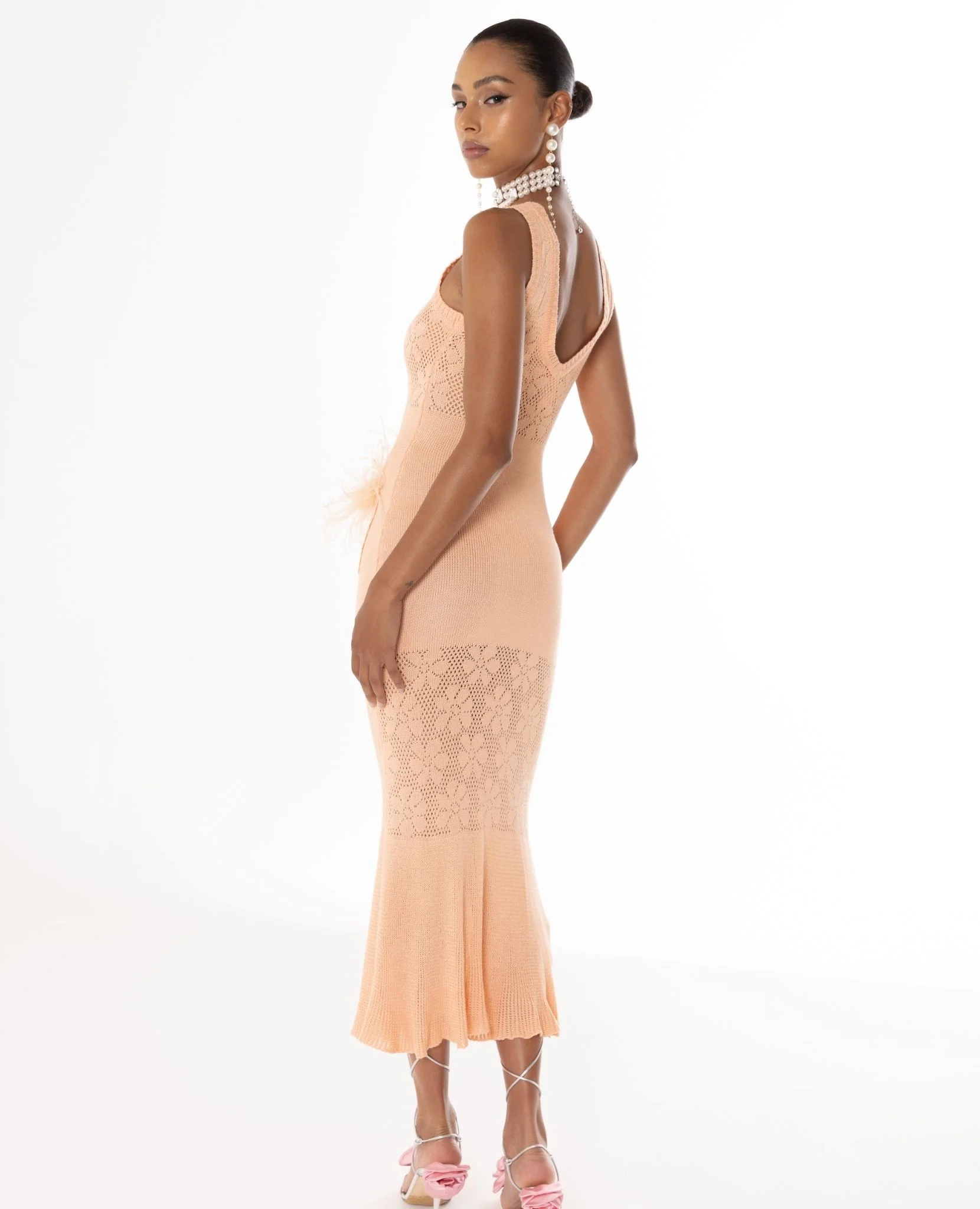 Vanilla Apricot Knit Dress With Feathers - Image 3