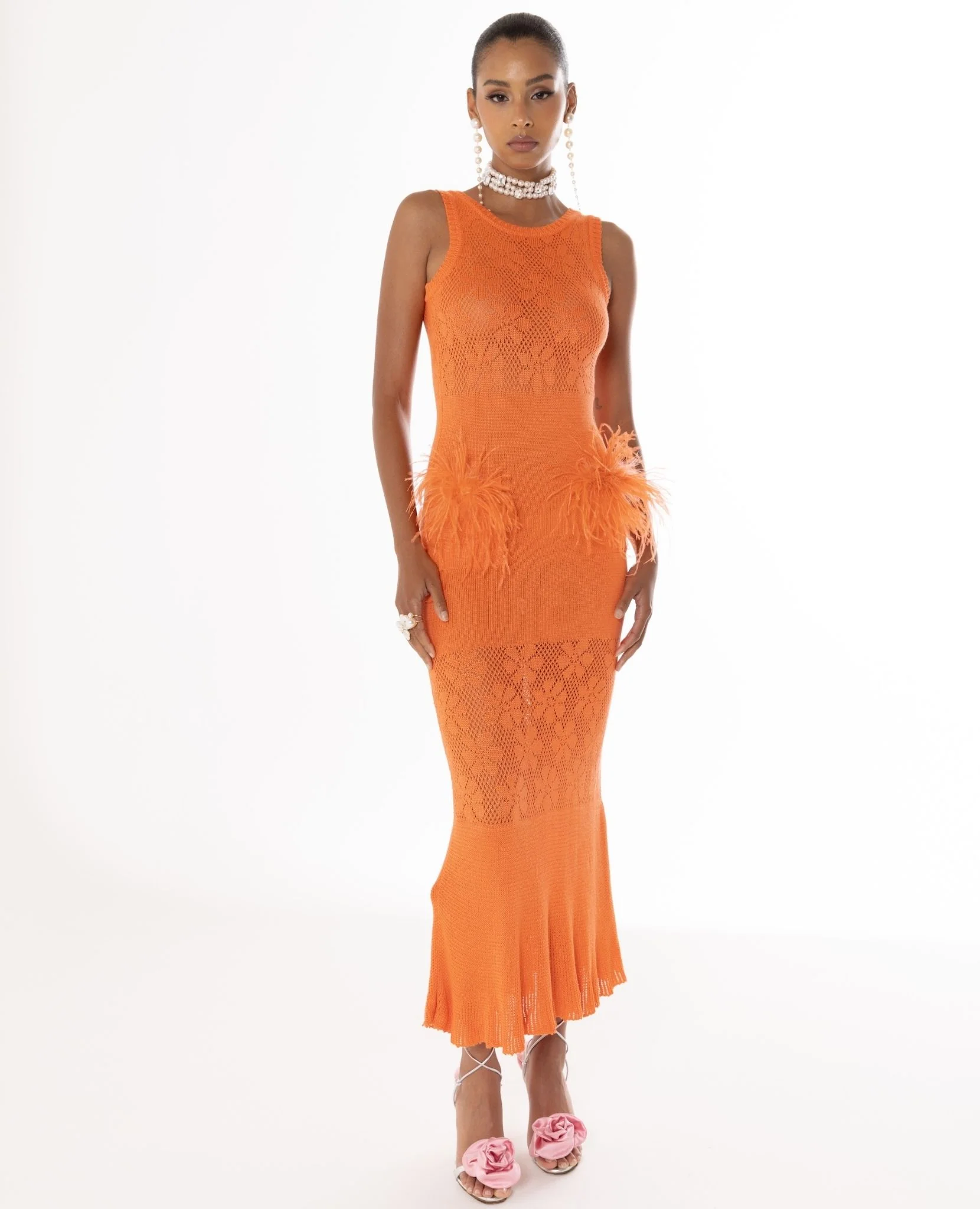 Vanilla Coral Knit Dress With Feathers - Image 3