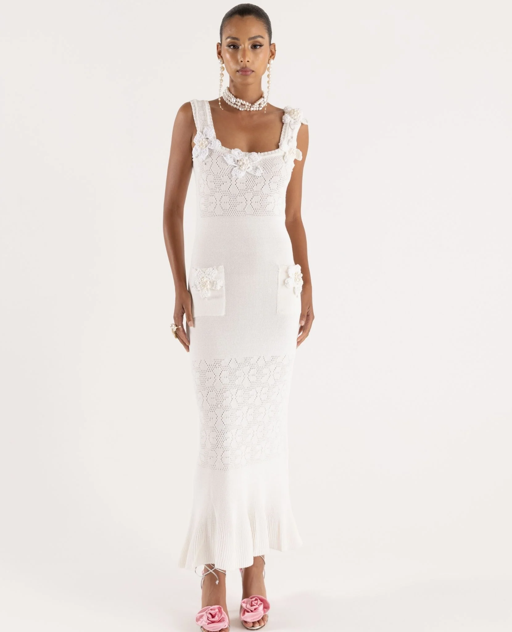 White Vanilla Knit Dress With Handmade Embroidery - Image 3