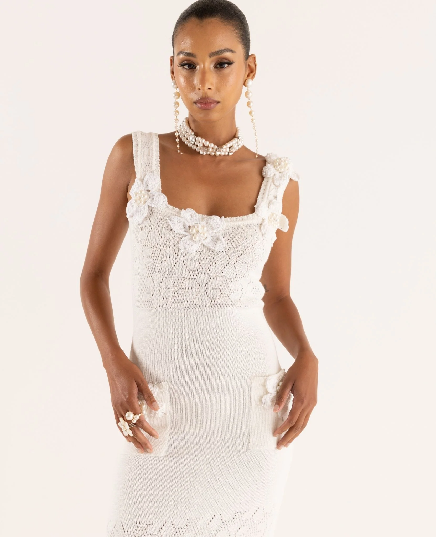 White Vanilla Knit Dress With Handmade Embroidery - Image 5