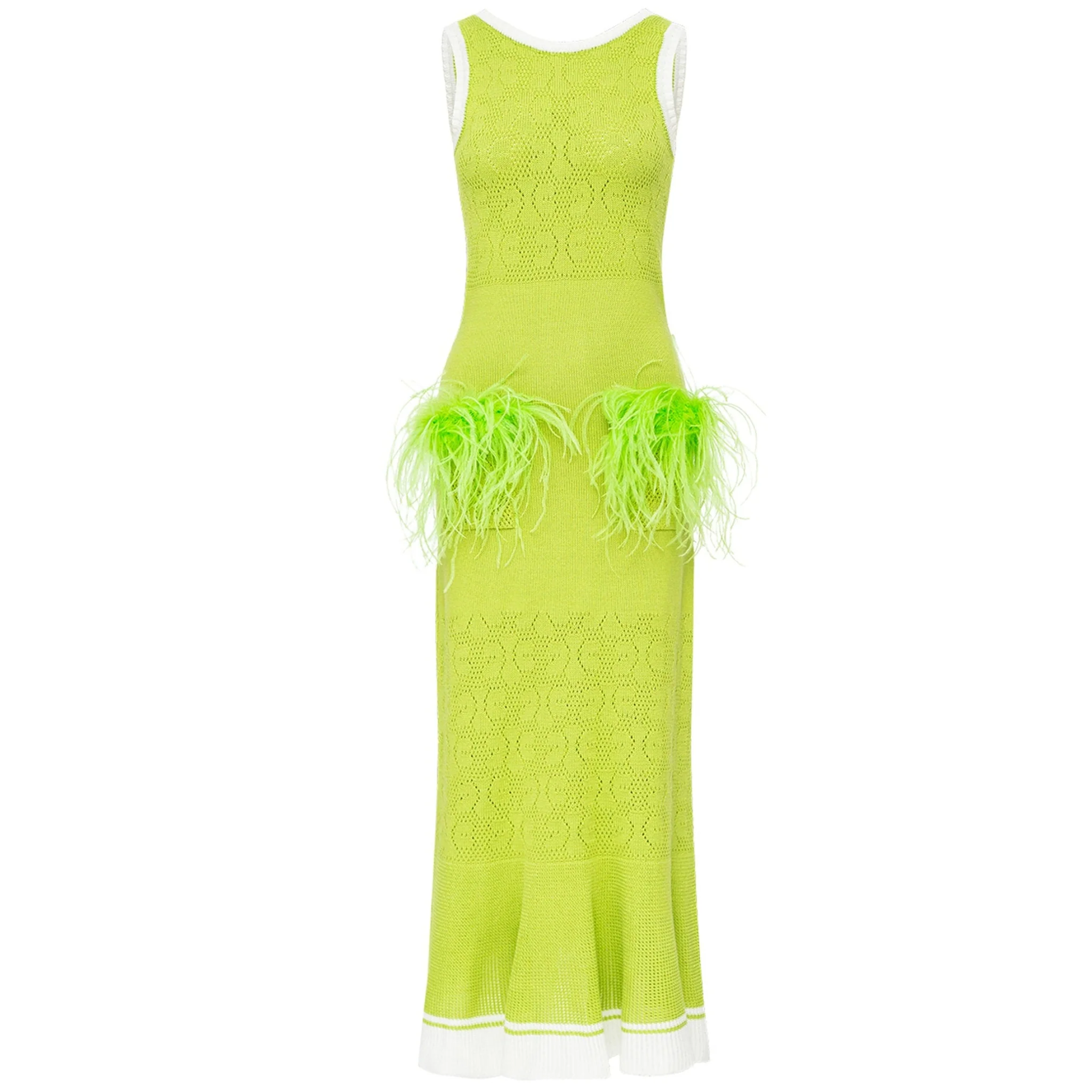 Apple Green Knit Midi Dress with Ostrich Feather Pockets