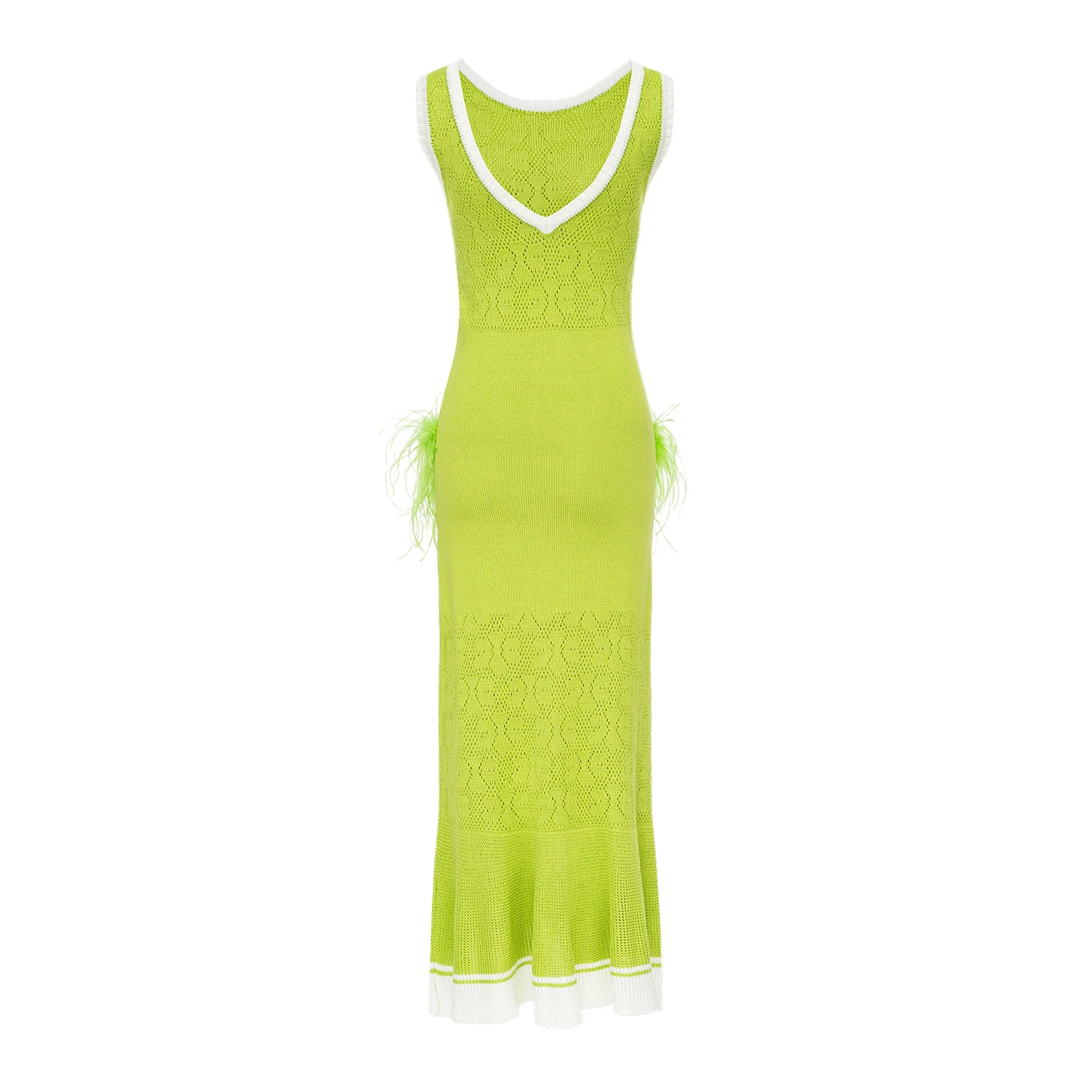 Apple Green Knit Midi Dress with Ostrich Feather Pockets - Image 10