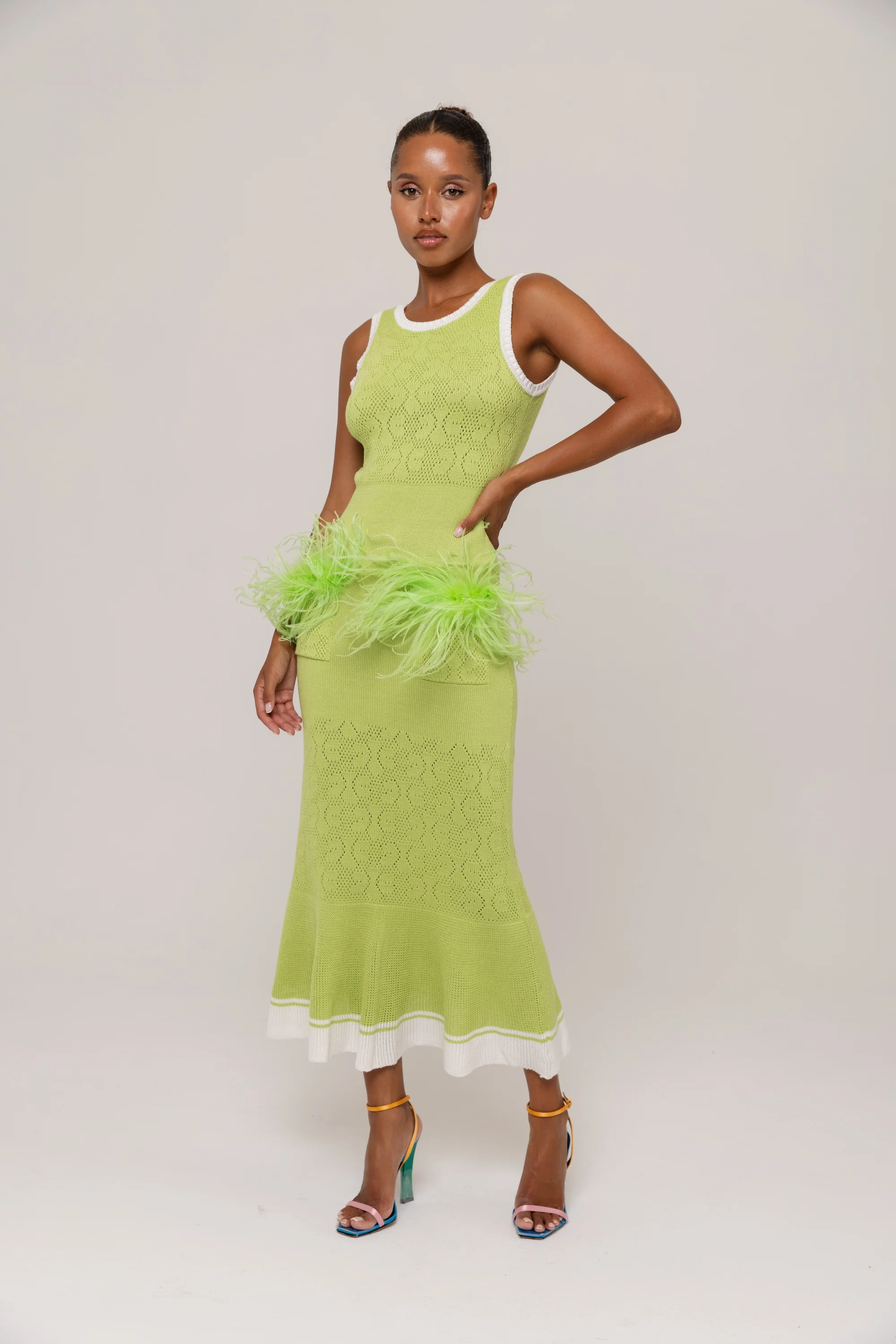 Apple Green Knit Midi Dress with Ostrich Feather Pockets - Image 4