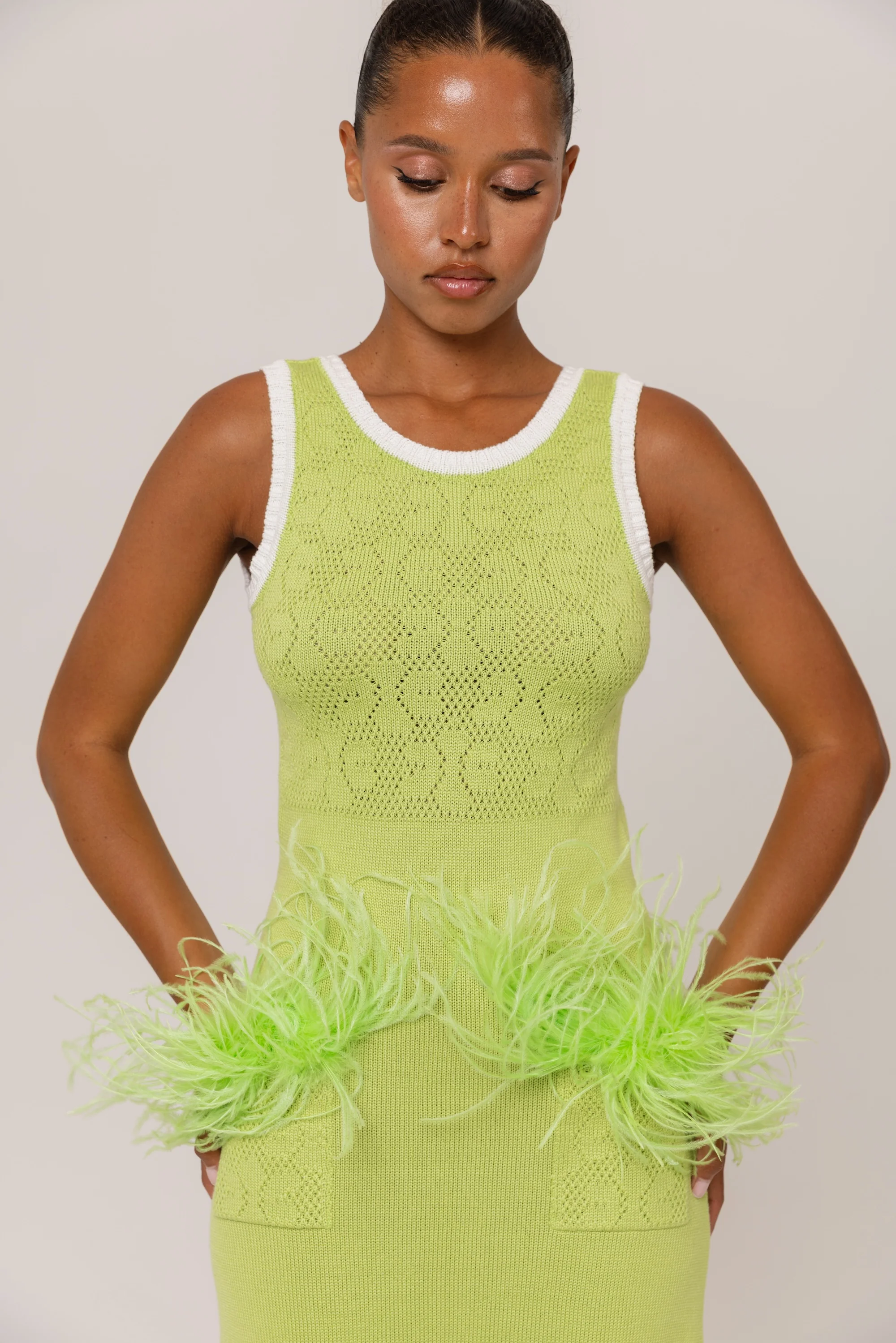 Apple Green Knit Midi Dress with Ostrich Feather Pockets - Image 5