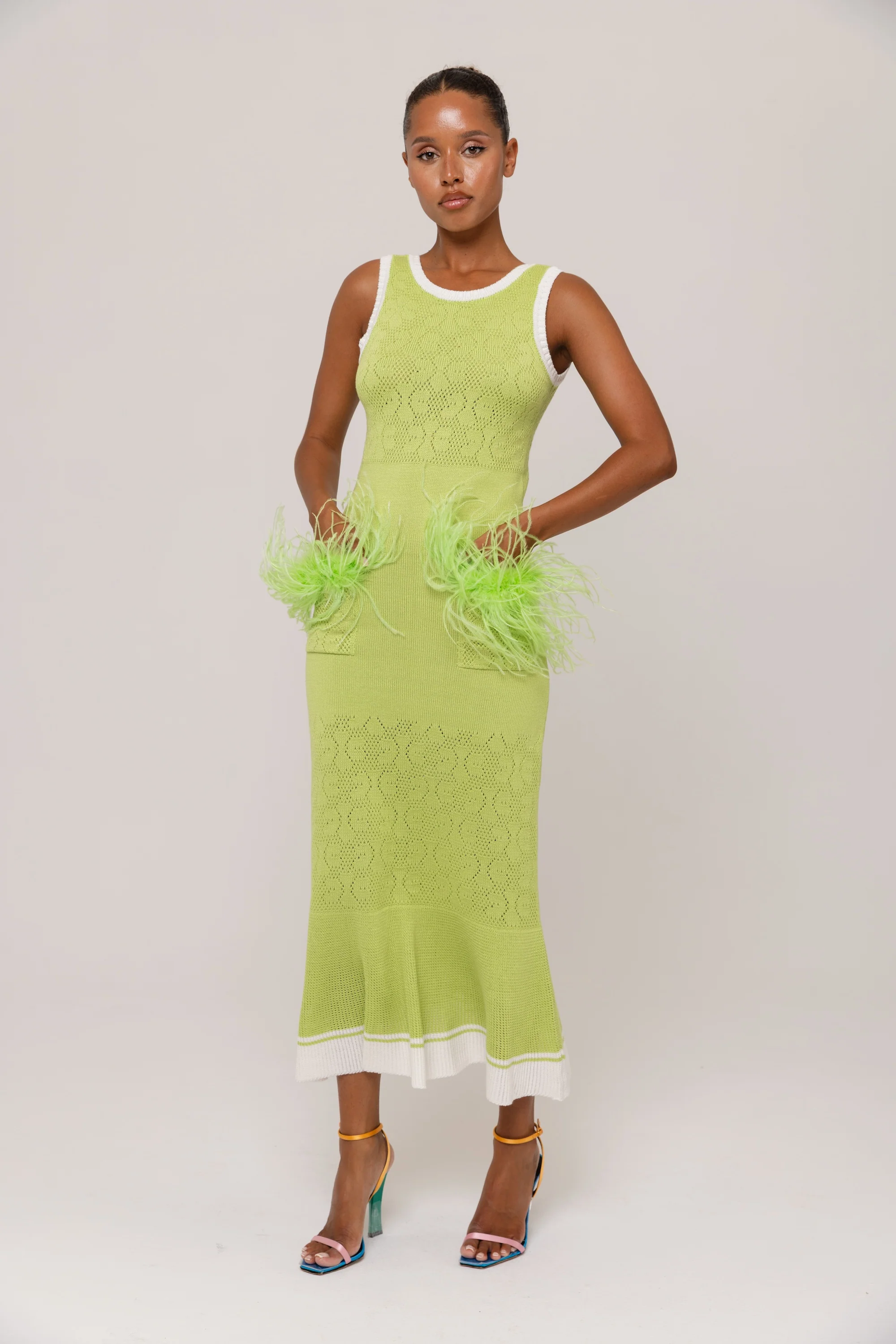 Apple Green Knit Midi Dress with Ostrich Feather Pockets - Image 6