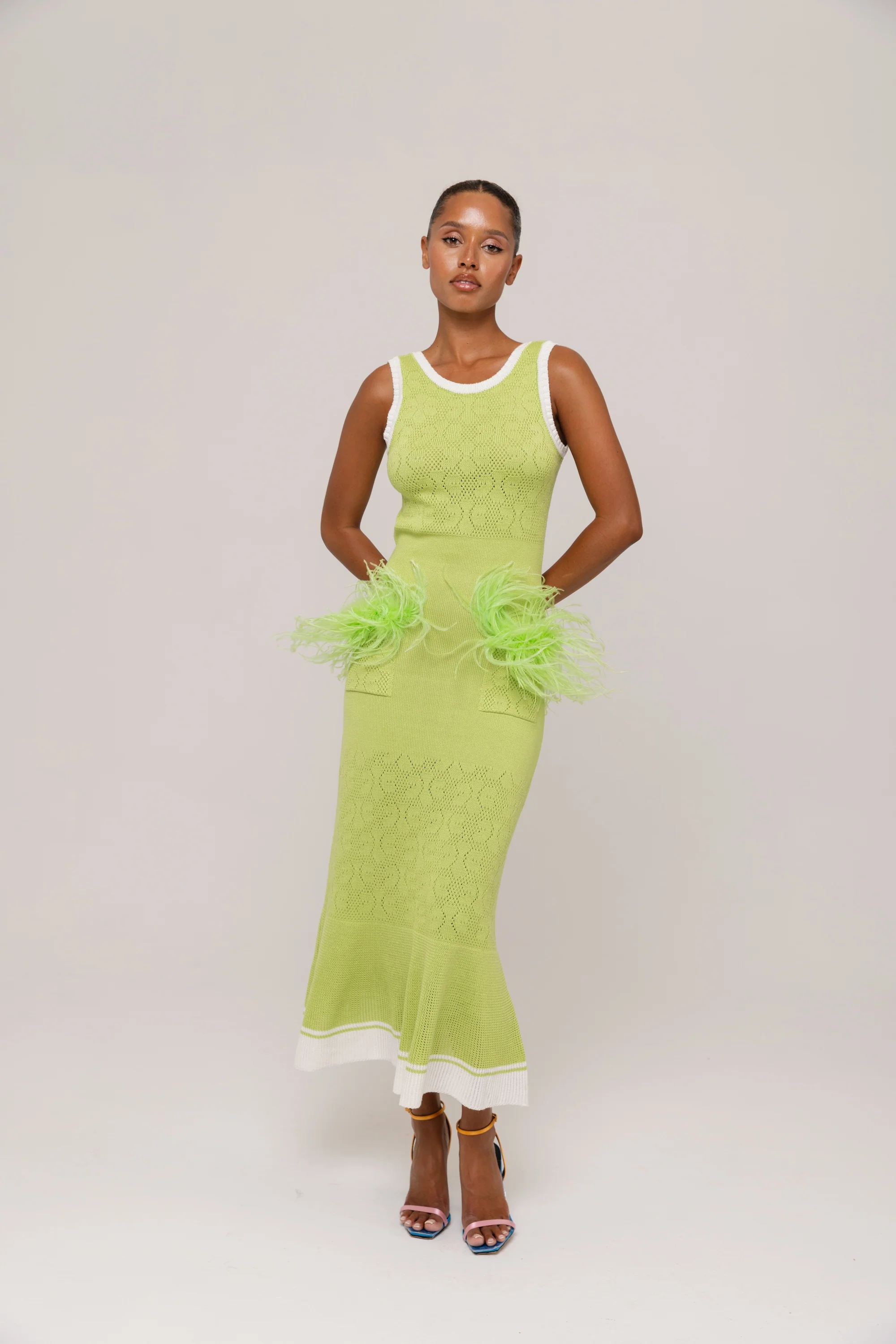 Apple Green Knit Midi Dress with Ostrich Feather Pockets - Image 7