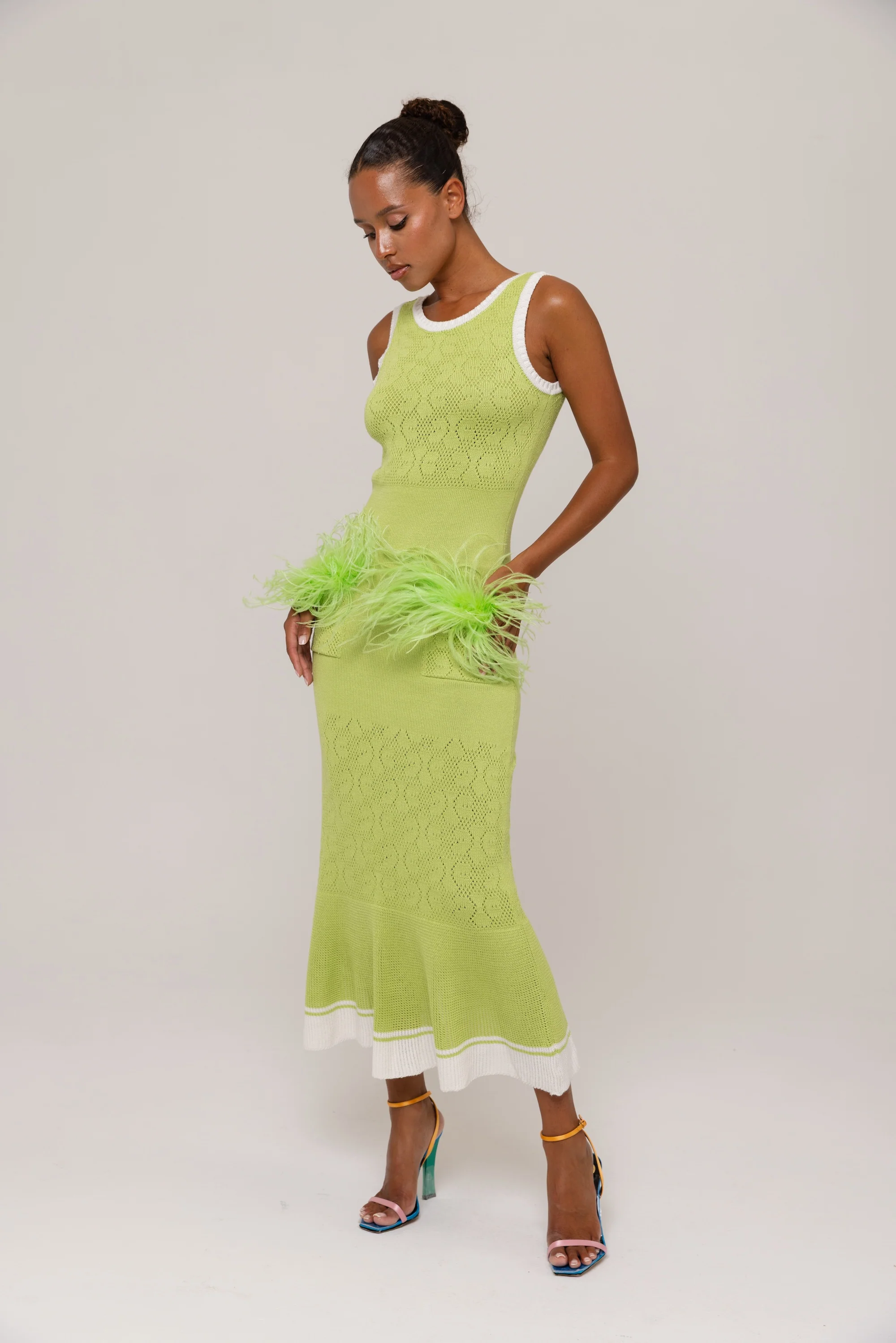Apple Green Knit Midi Dress with Ostrich Feather Pockets - Image 8