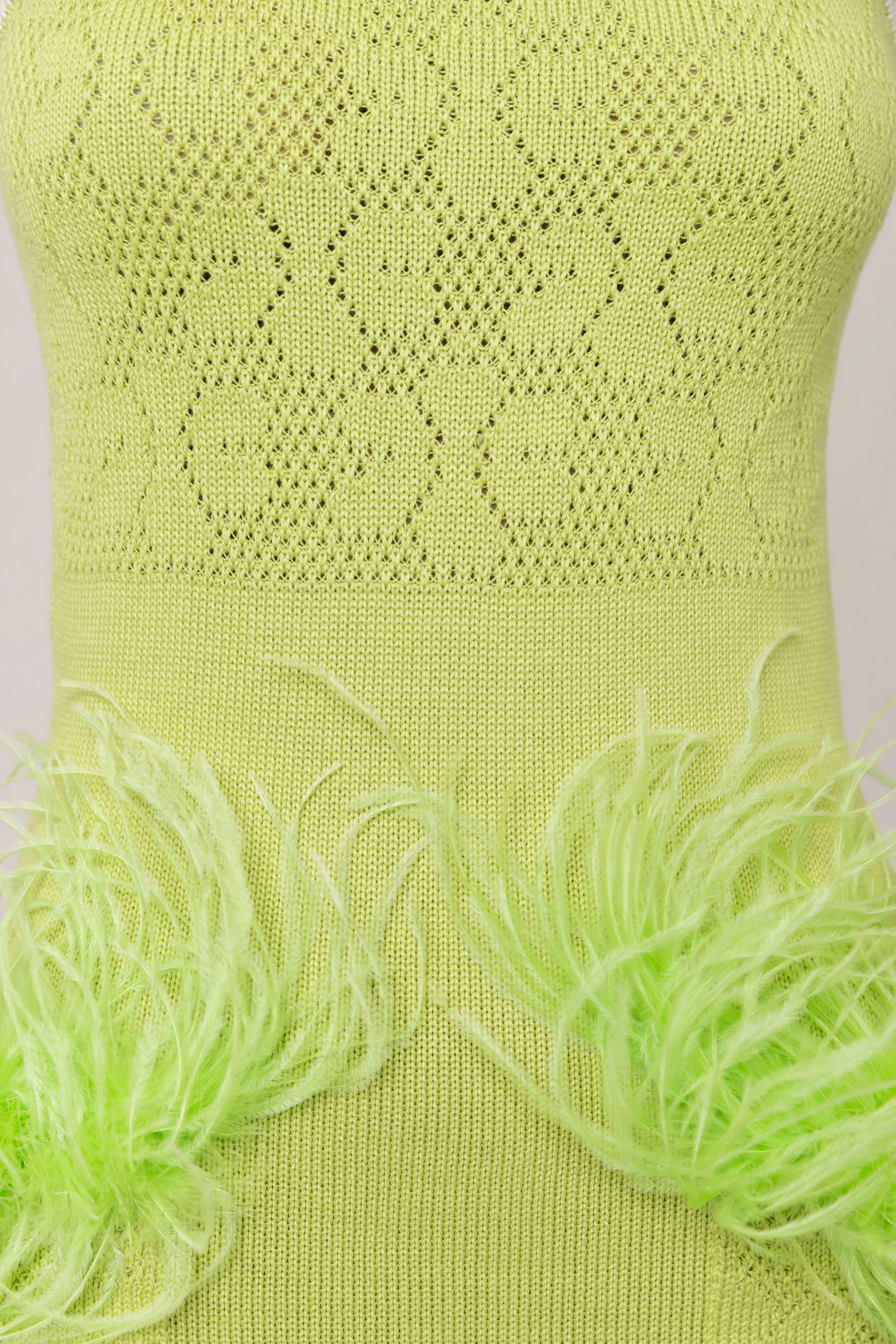 Apple Green Knit Midi Dress with Ostrich Feather Pockets - Image 9