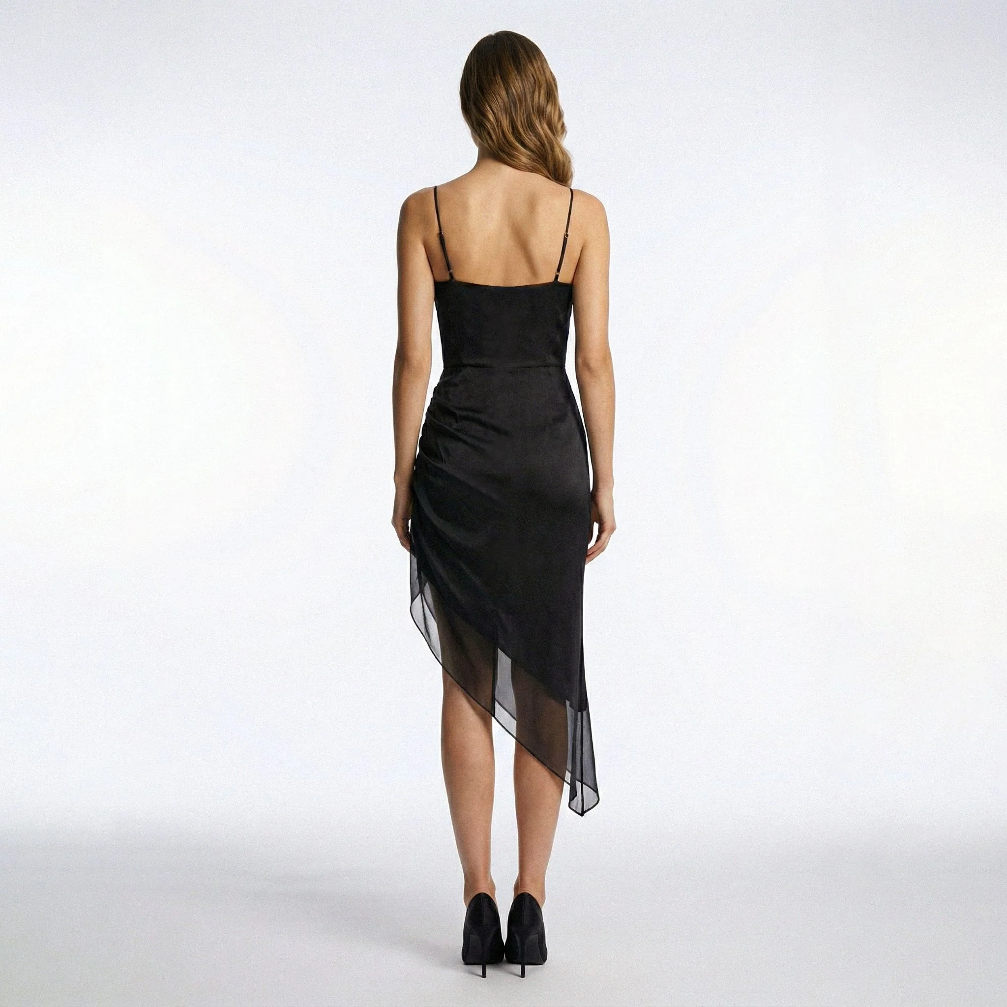 Black Asymmetric Silk Midi Dress With Straps And Side Gathering - Image 3