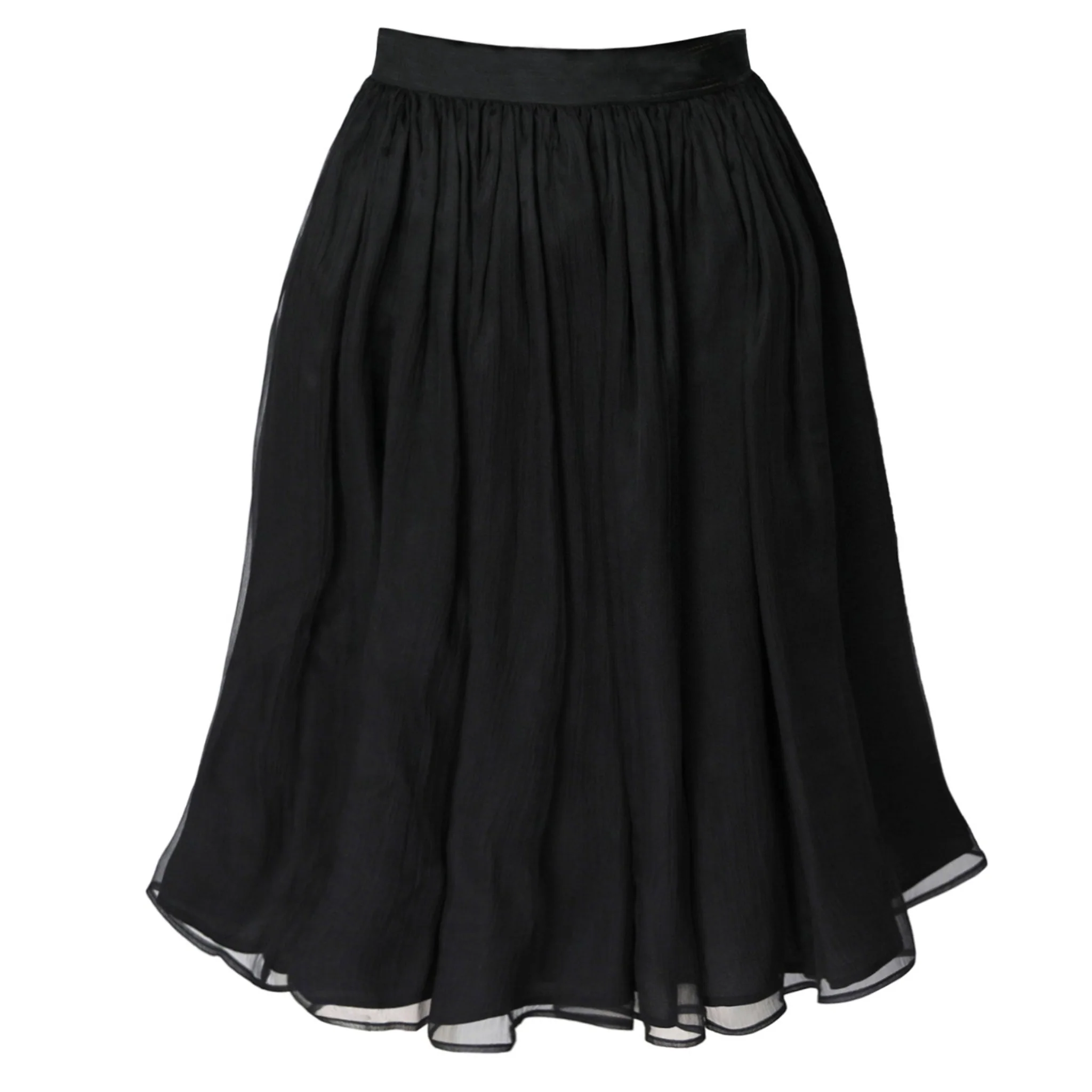 Black Gathered Silk Midi Skirt