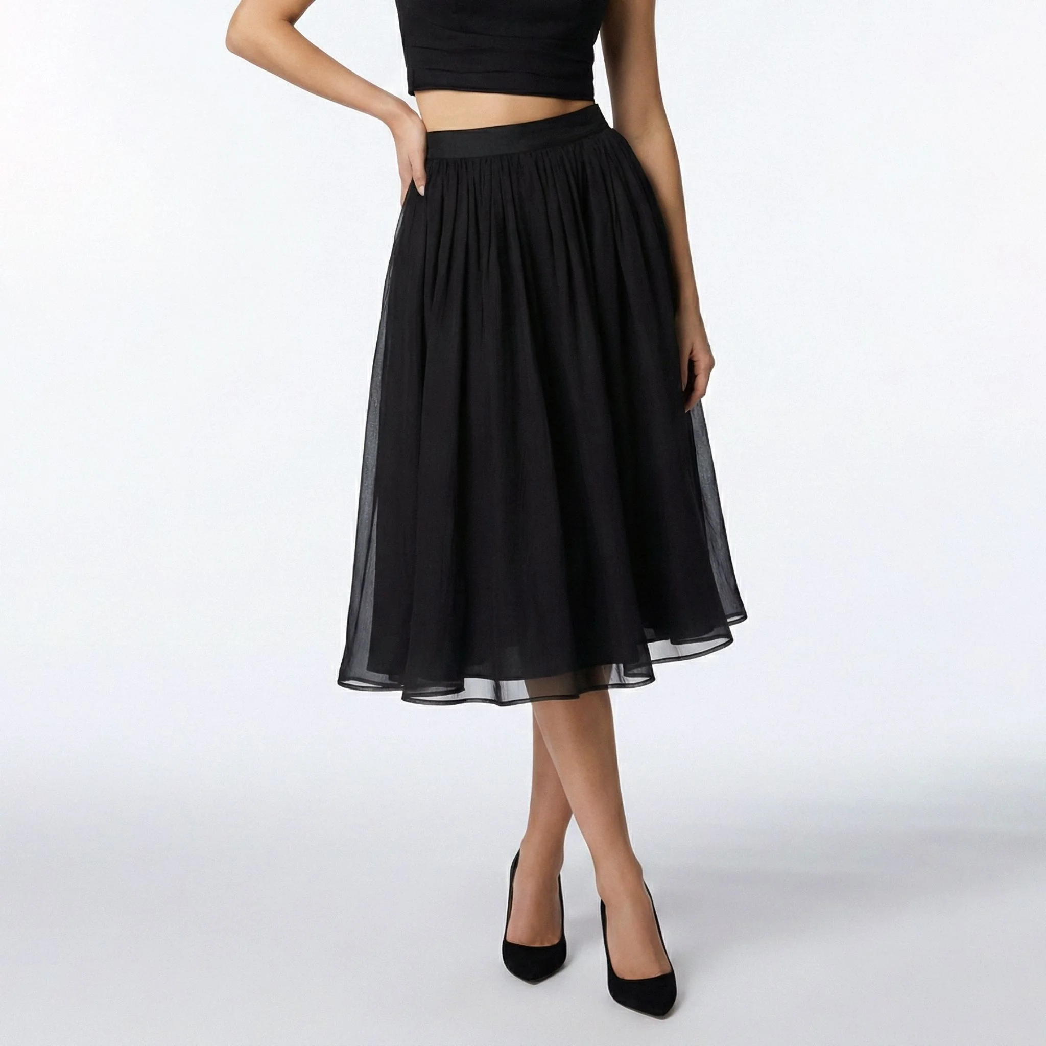 Black Gathered Silk Midi Skirt - Image 4