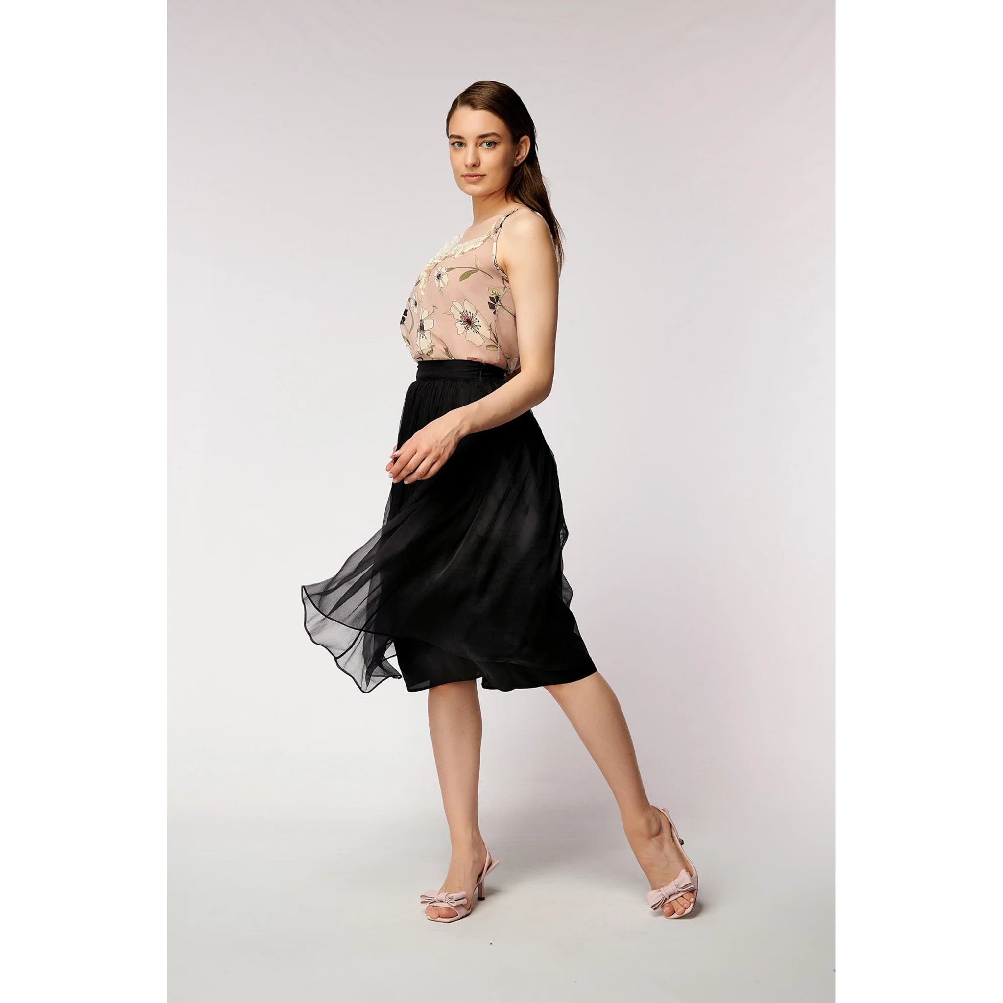 Black Gathered Silk Midi Skirt - Image 6