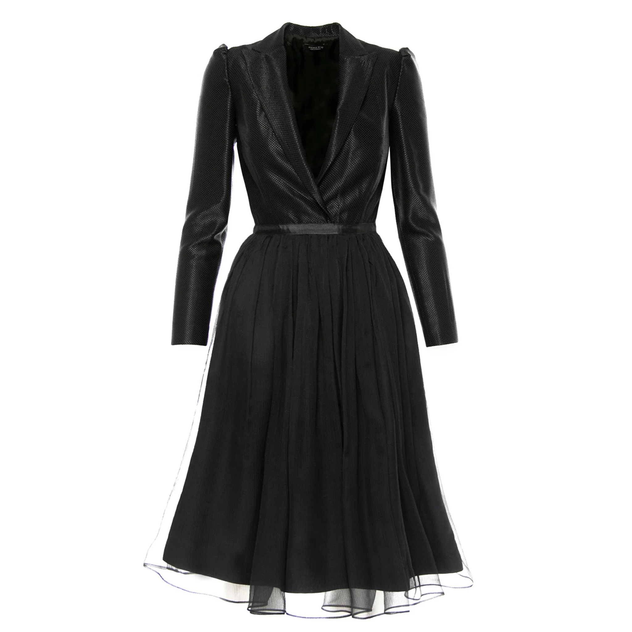Long Sleeve Black Gathered Silk V-Neck Lapel Dress