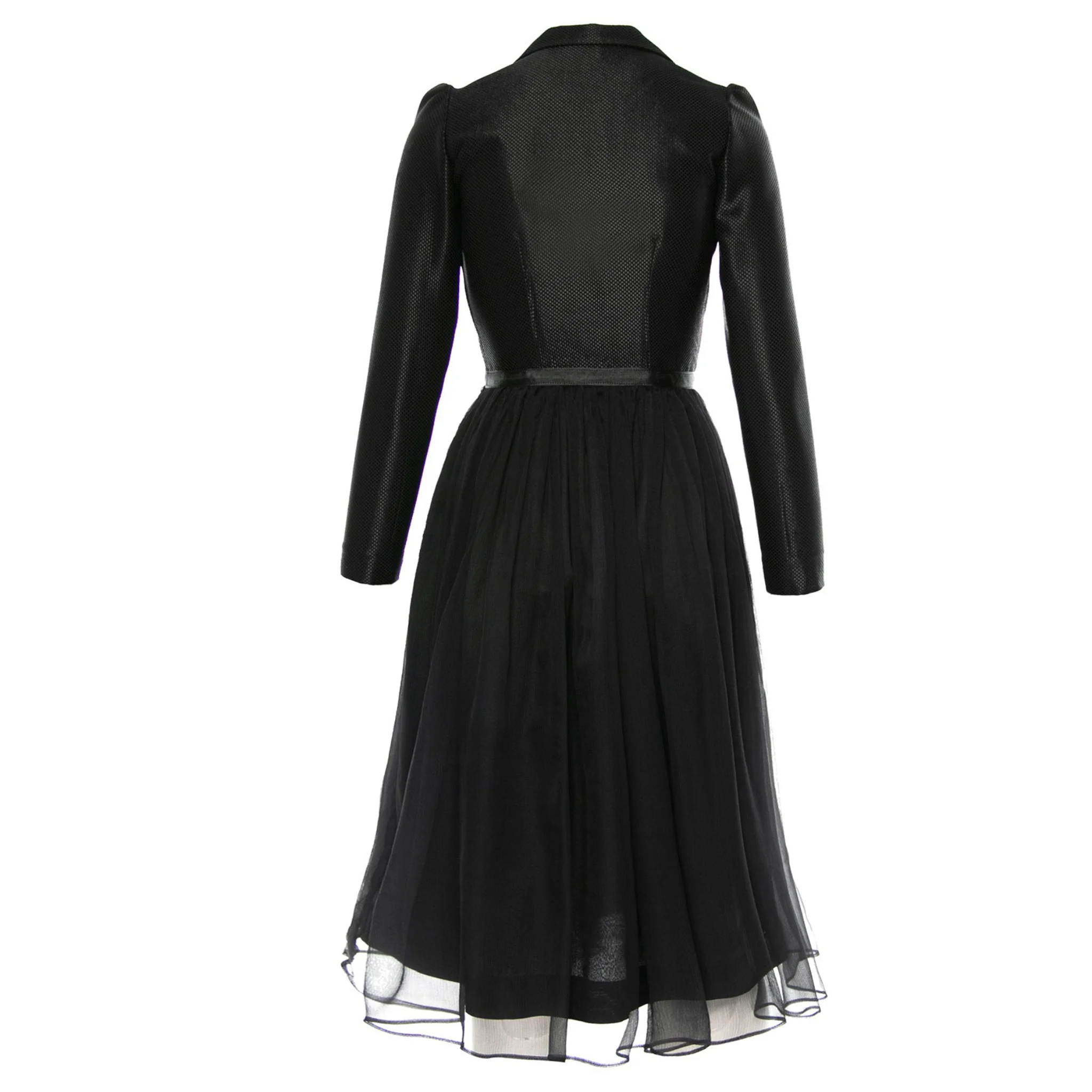 Long Sleeve Black Gathered Silk V-Neck Lapel Dress - Image 3