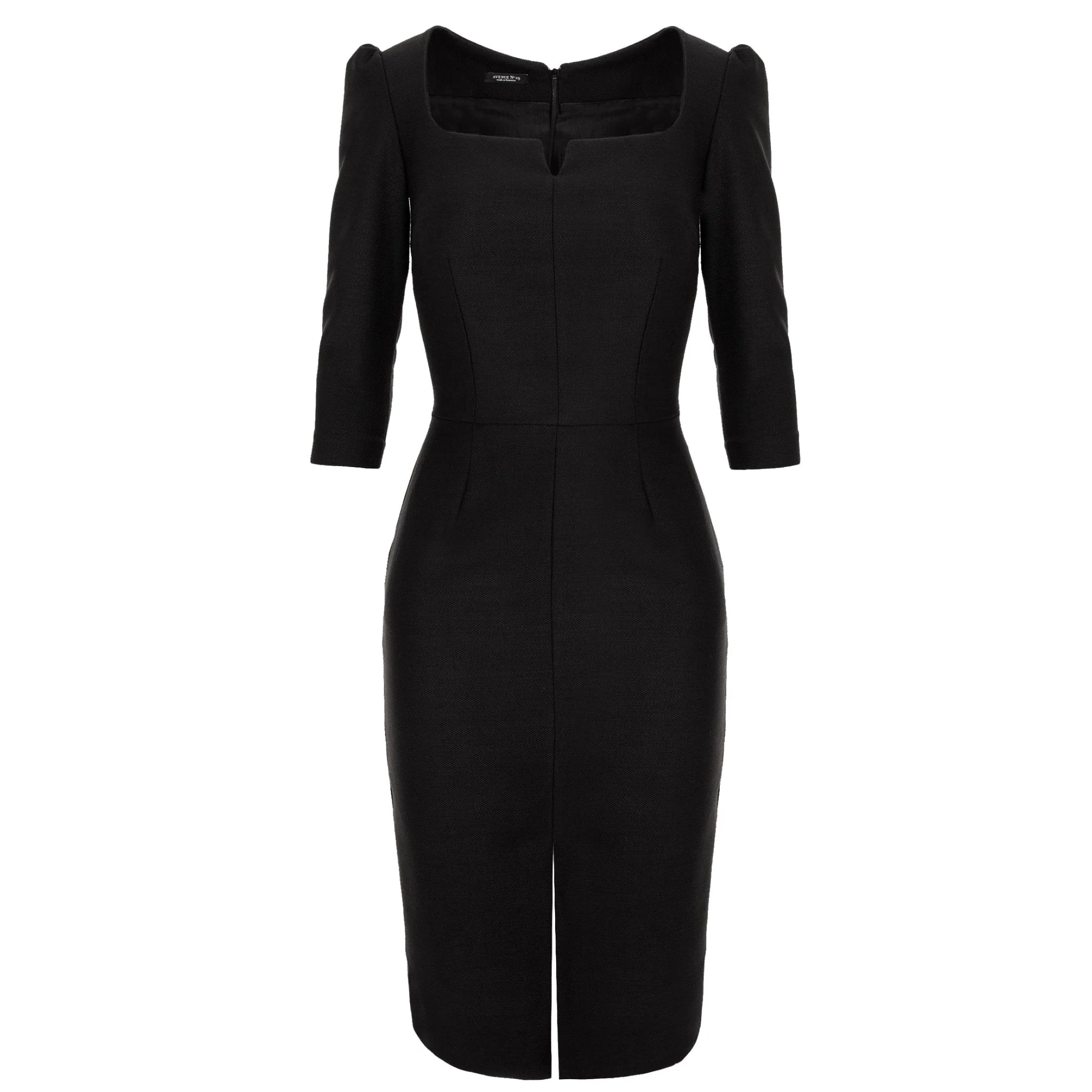 Black Rounded Neckline Wool Midi Dress