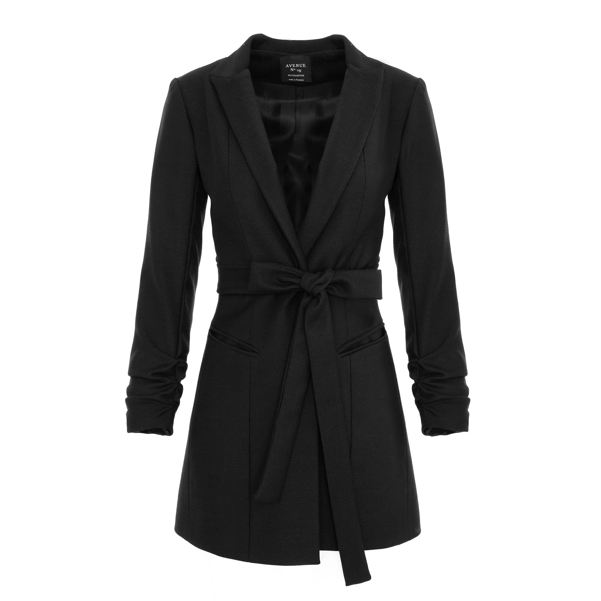Black Single Breasted Wool Blazer With In Seam Belt