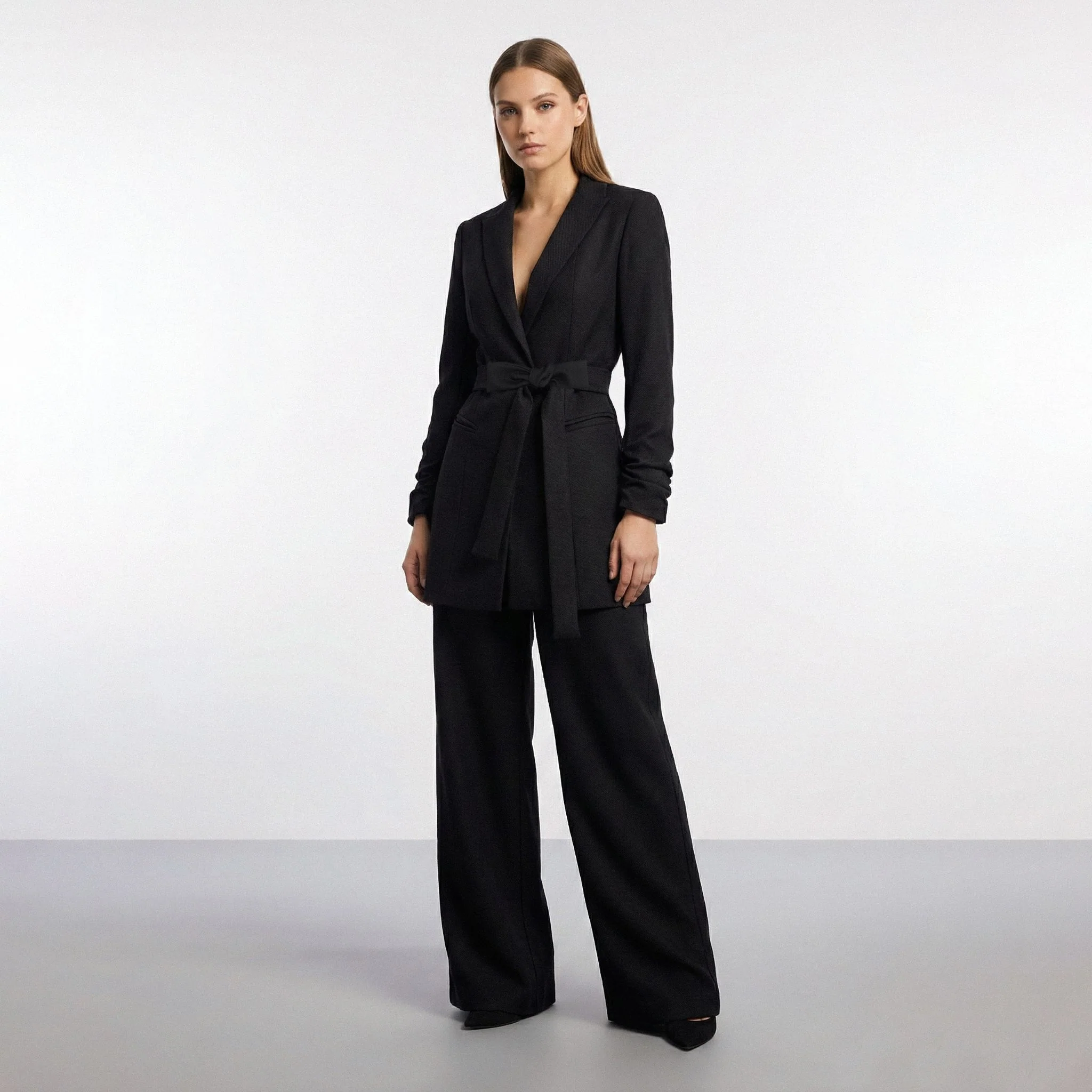 Black Single Breasted Wool Blazer With In Seam Belt - Image 3