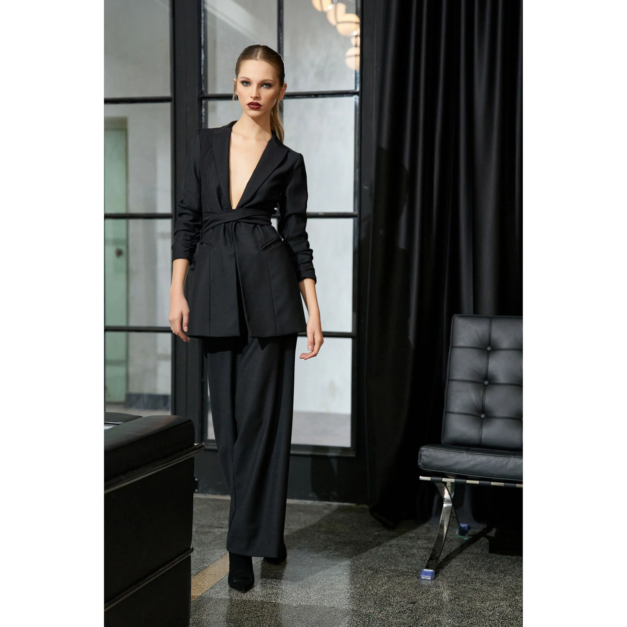 Black Single Breasted Wool Blazer With In Seam Belt - Image 4