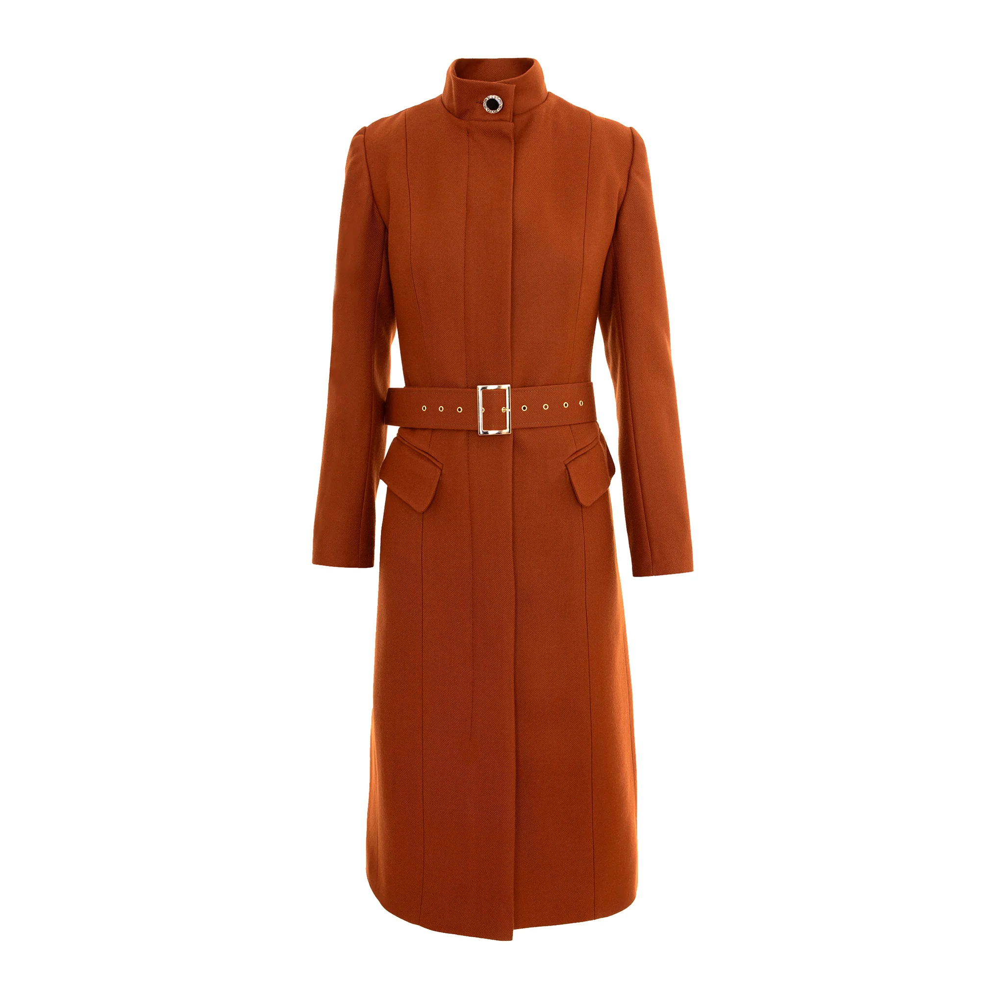 Brown Midi Length Wool Coat With Belt