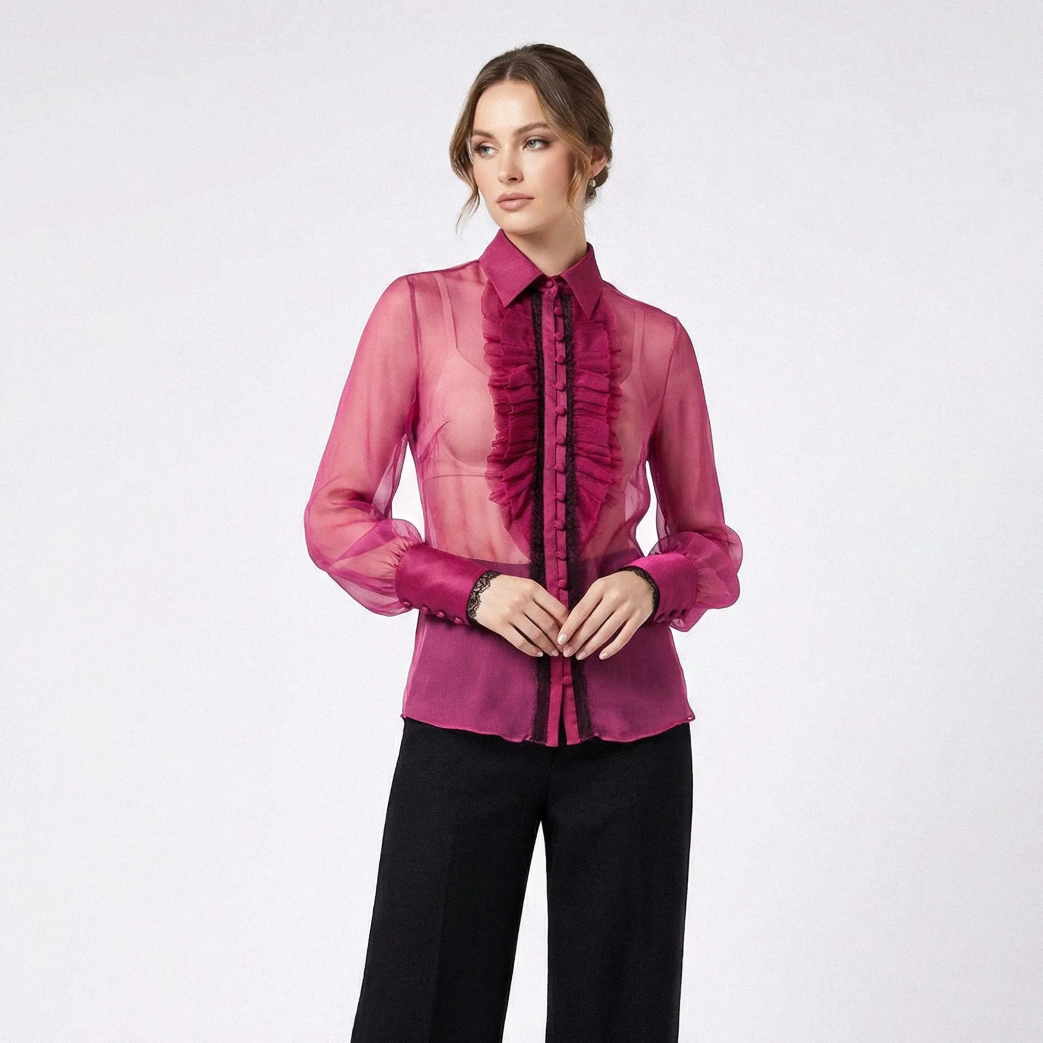 Fuchsia Ruffle Silk Shirt - Image 2