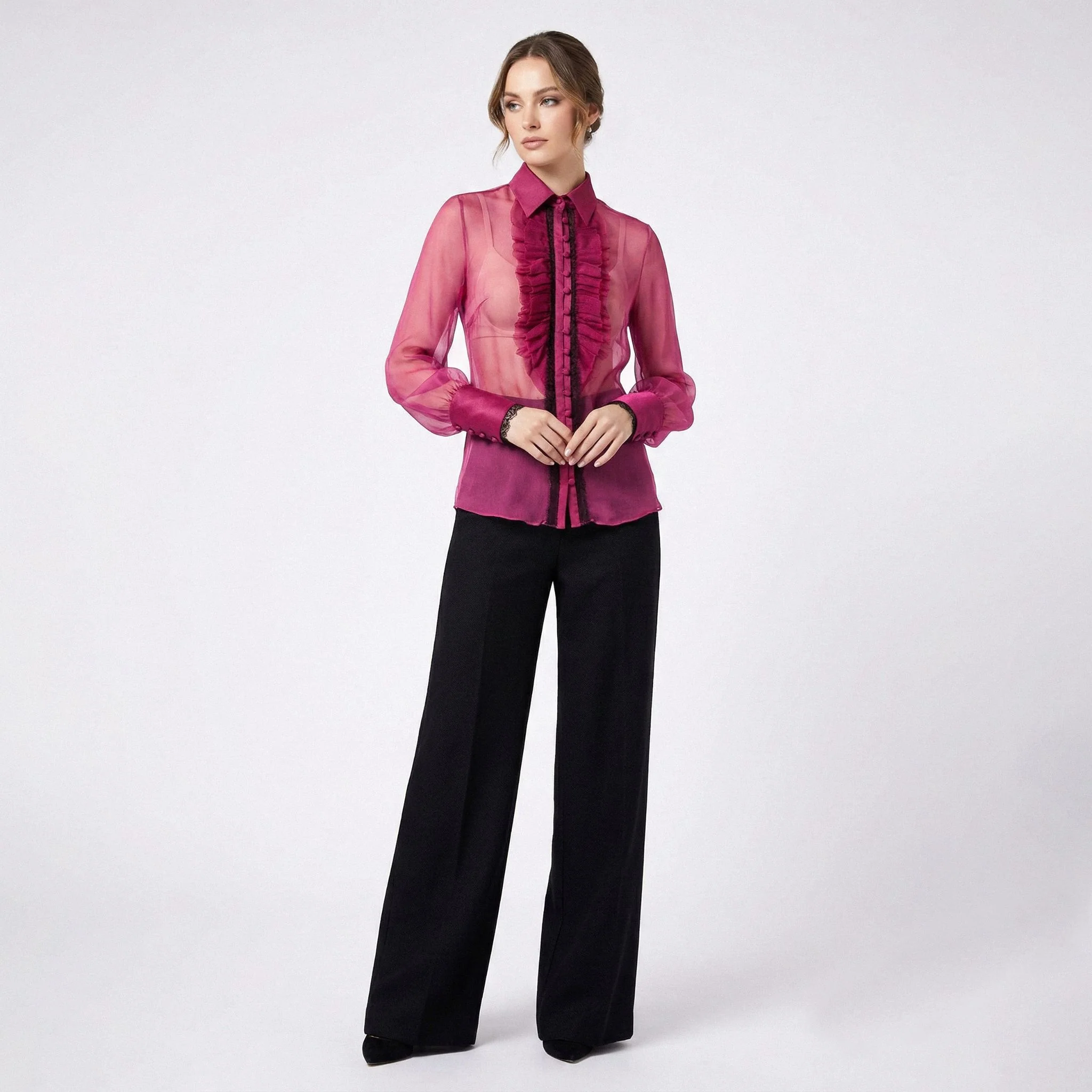 Fuchsia Ruffle Silk Shirt - Image 3