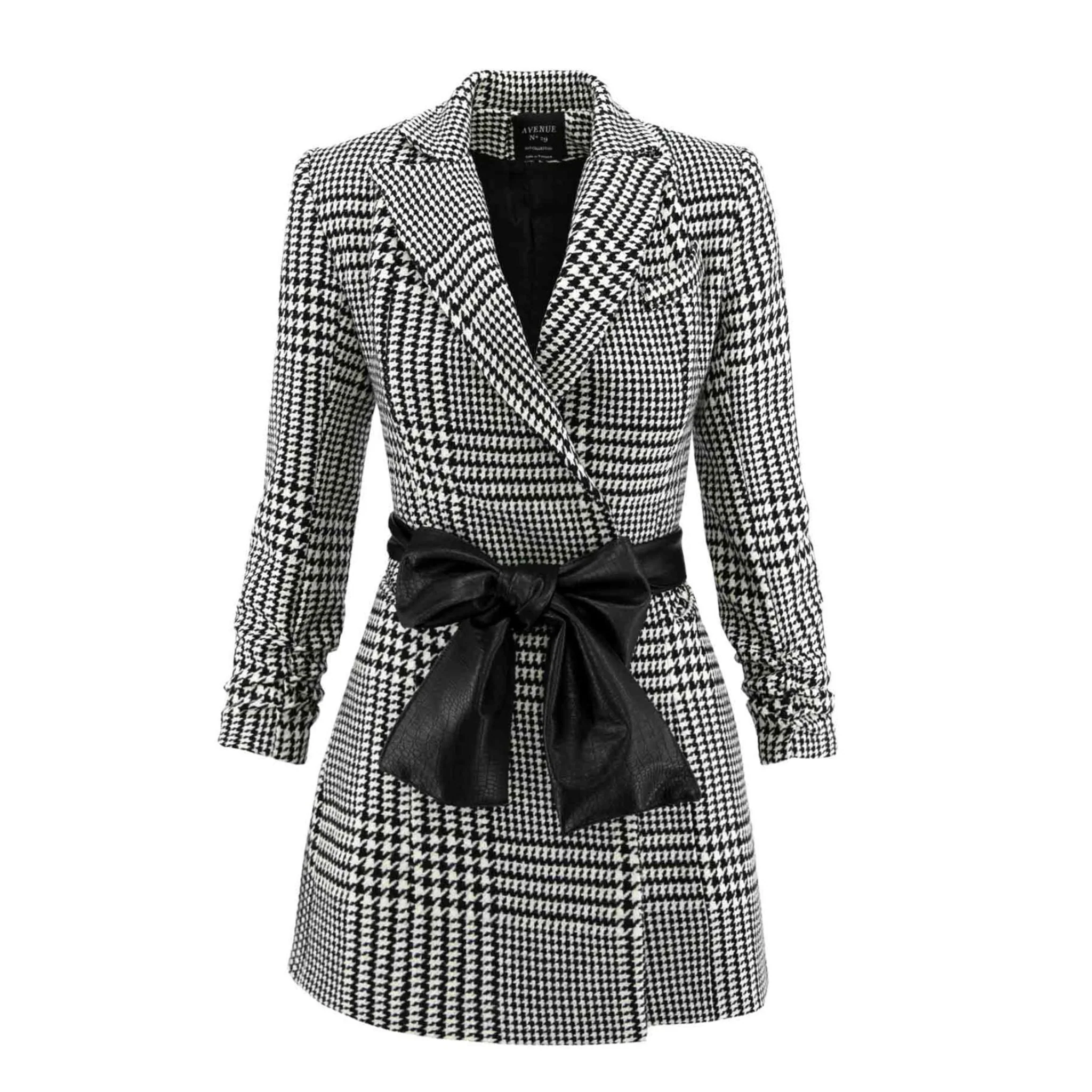 Houndstooth Wool Blazer Dress With Contrast Belt