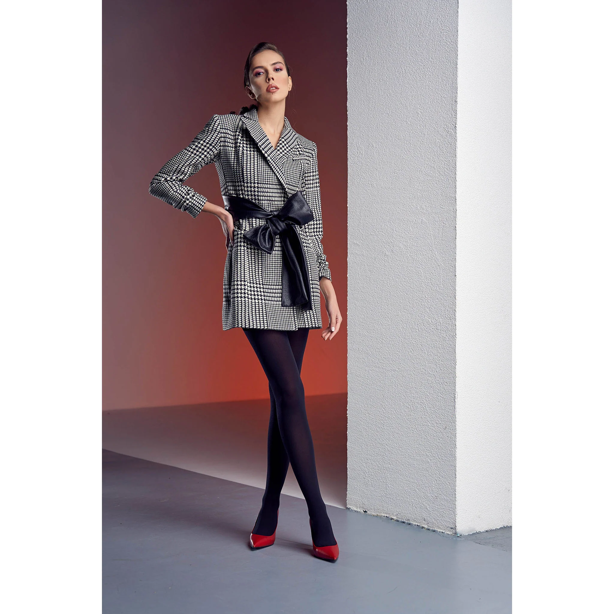 Houndstooth Wool Blazer Dress With Contrast Belt - Image 2