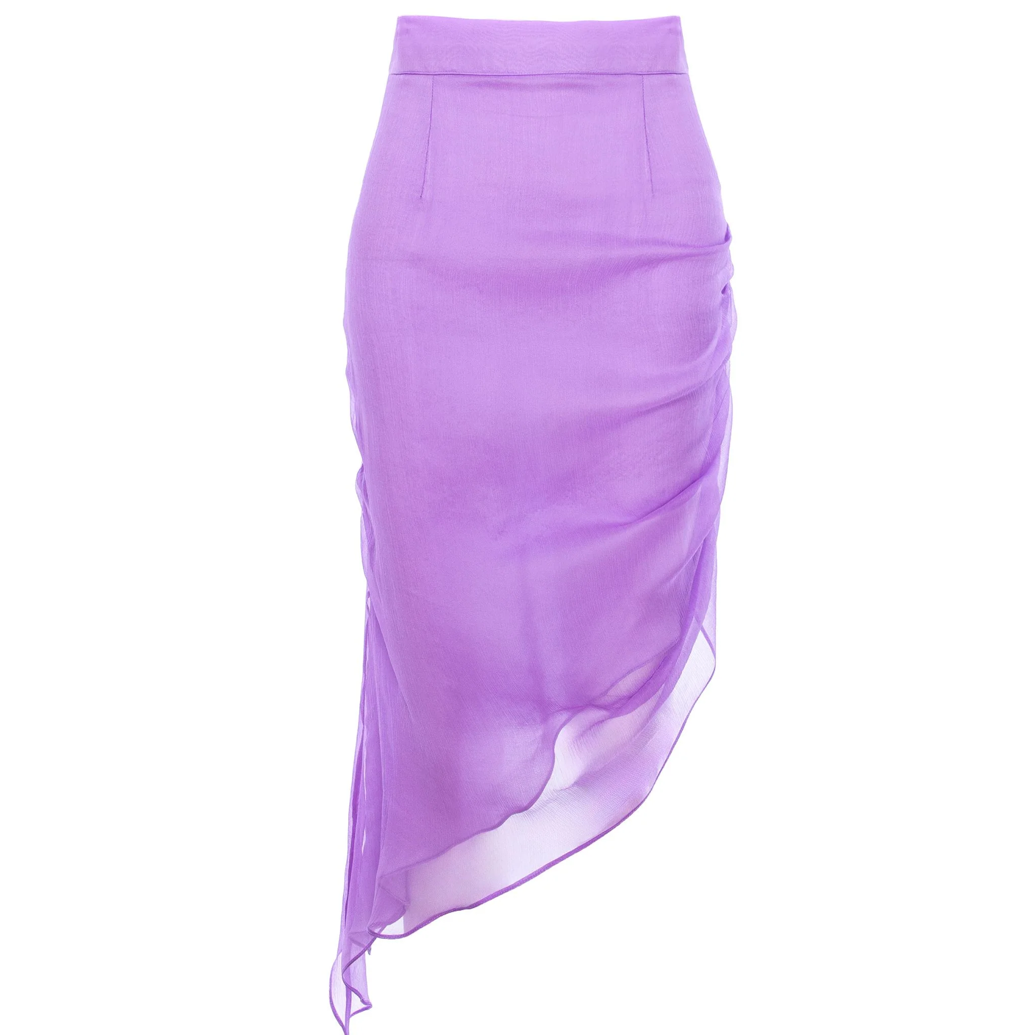 Lilac Asymmetric Gathered Silk Midi Skirt