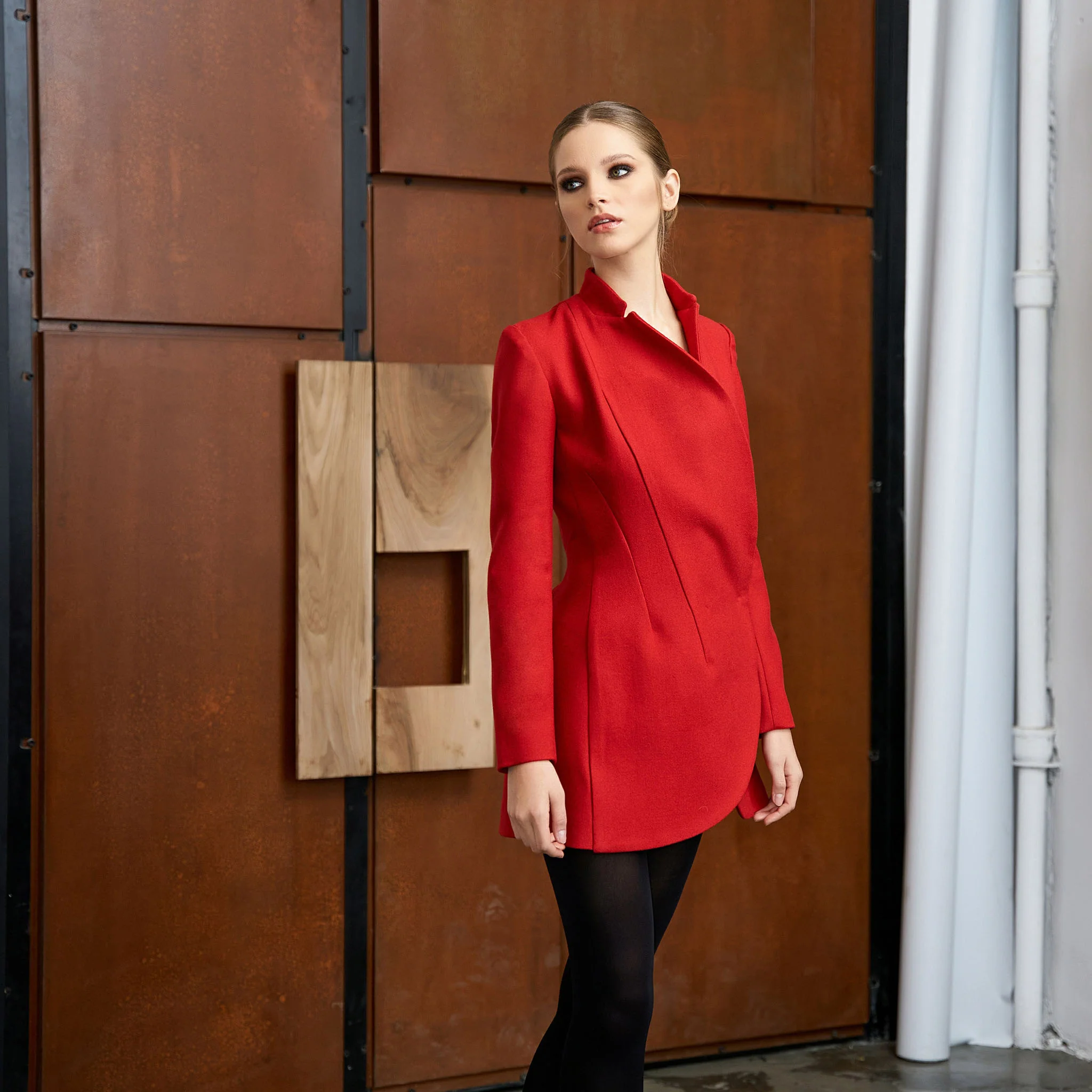 Red Asymmetric Double Breasted Wool Blazer - Image 3