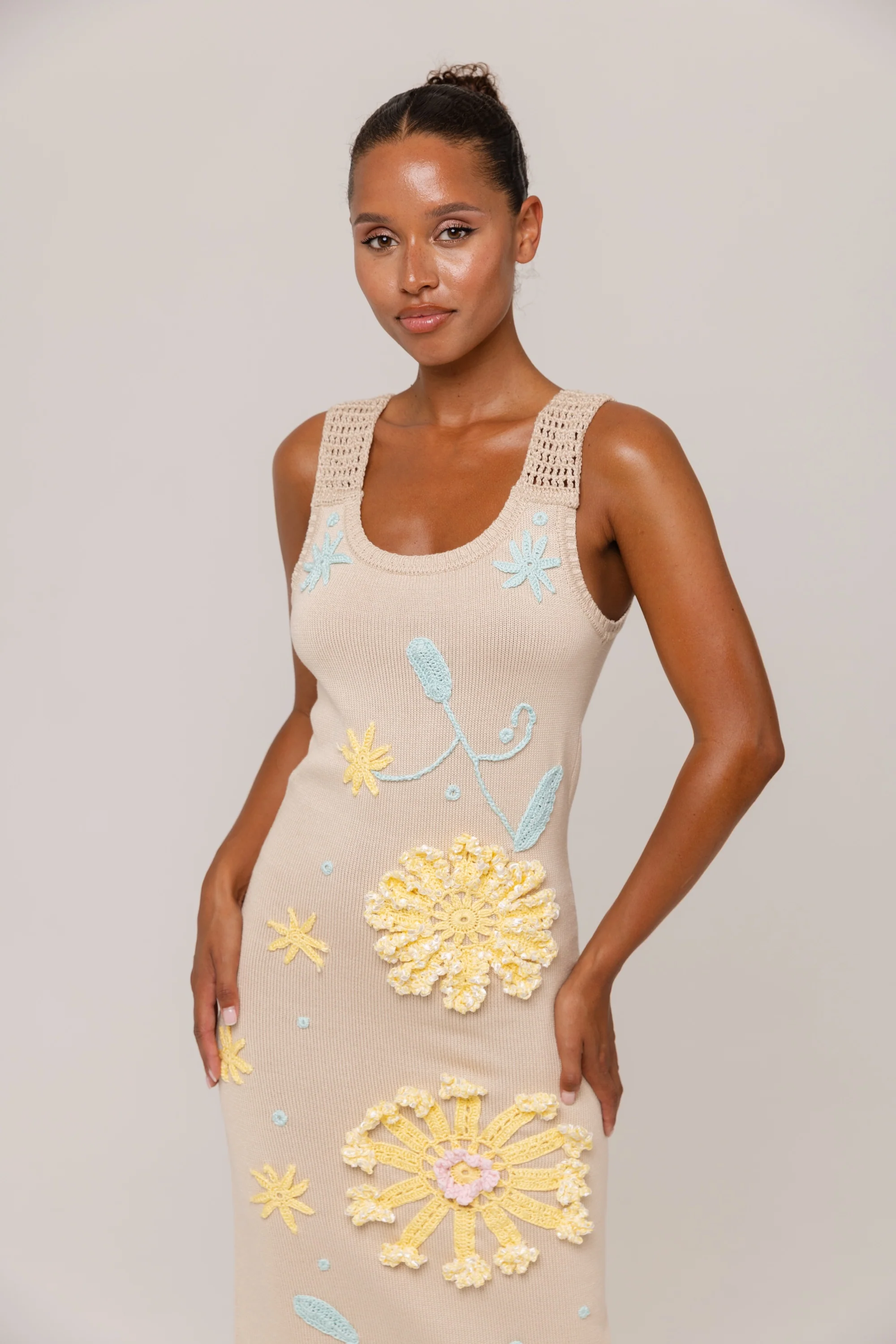 Beige Knit Midi Dress with Yellow & Blue Floral Embroidery - Image 3