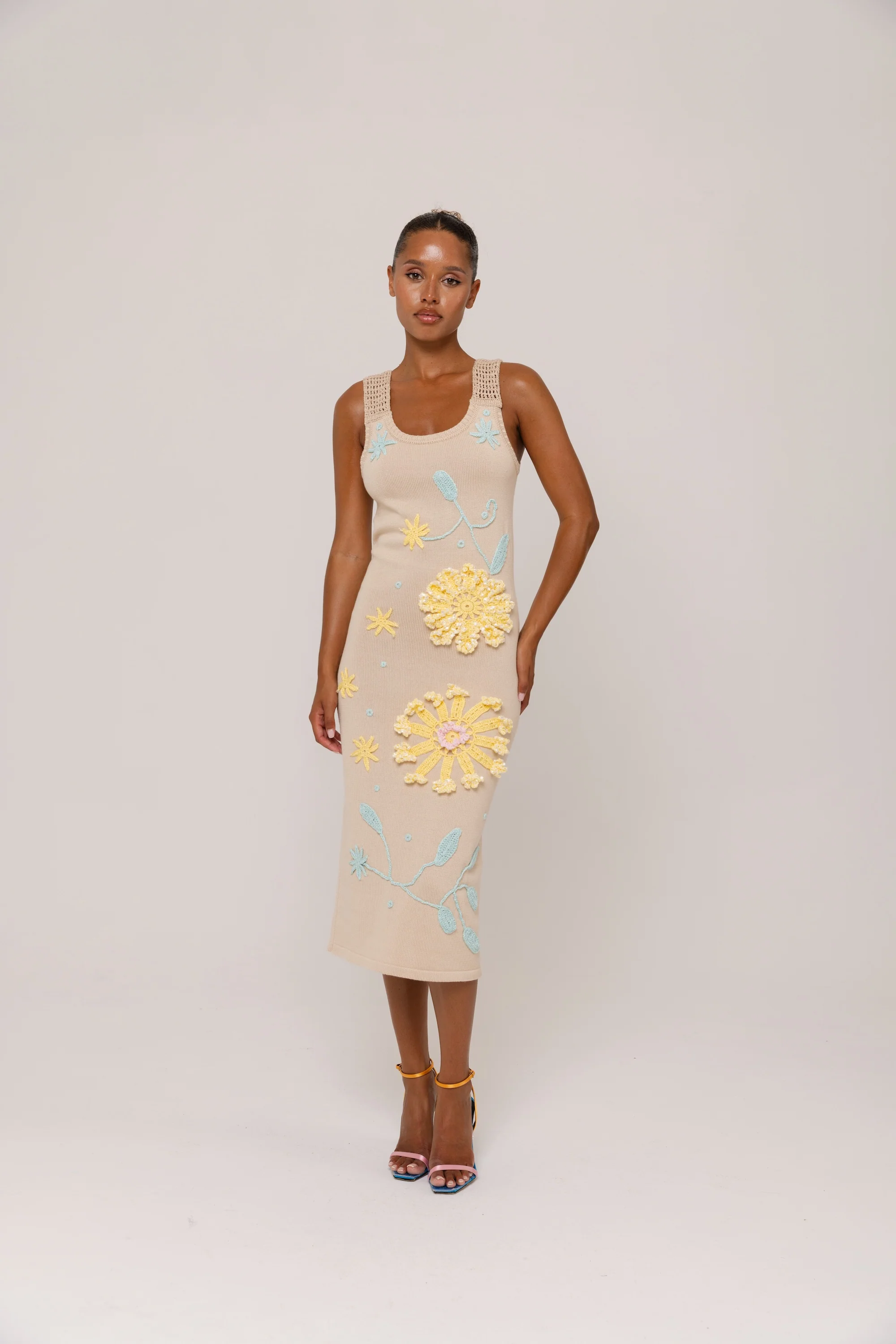 Beige Knit Midi Dress with Yellow & Blue Floral Embroidery - Image 6