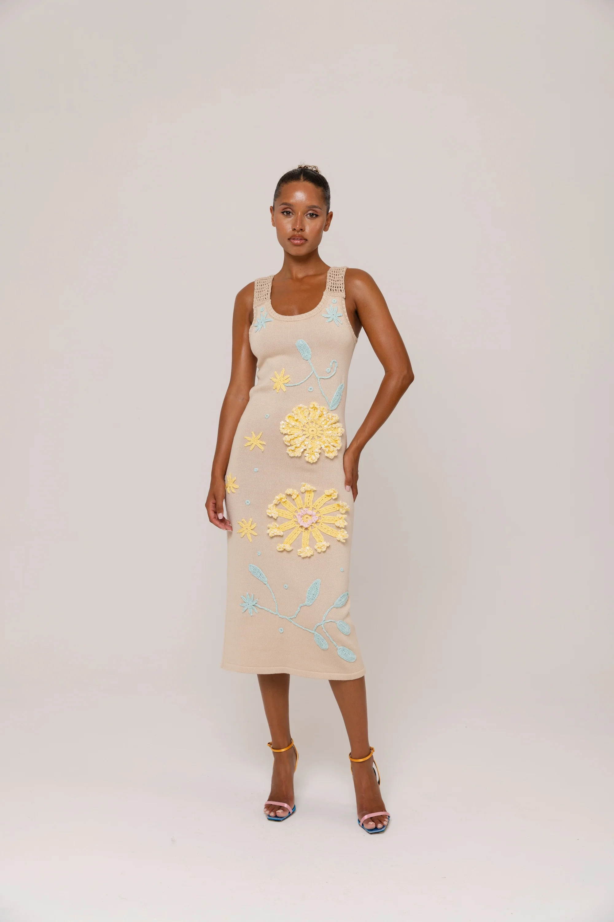 Beige Knit Midi Dress with Yellow & Blue Floral Embroidery - Image 7