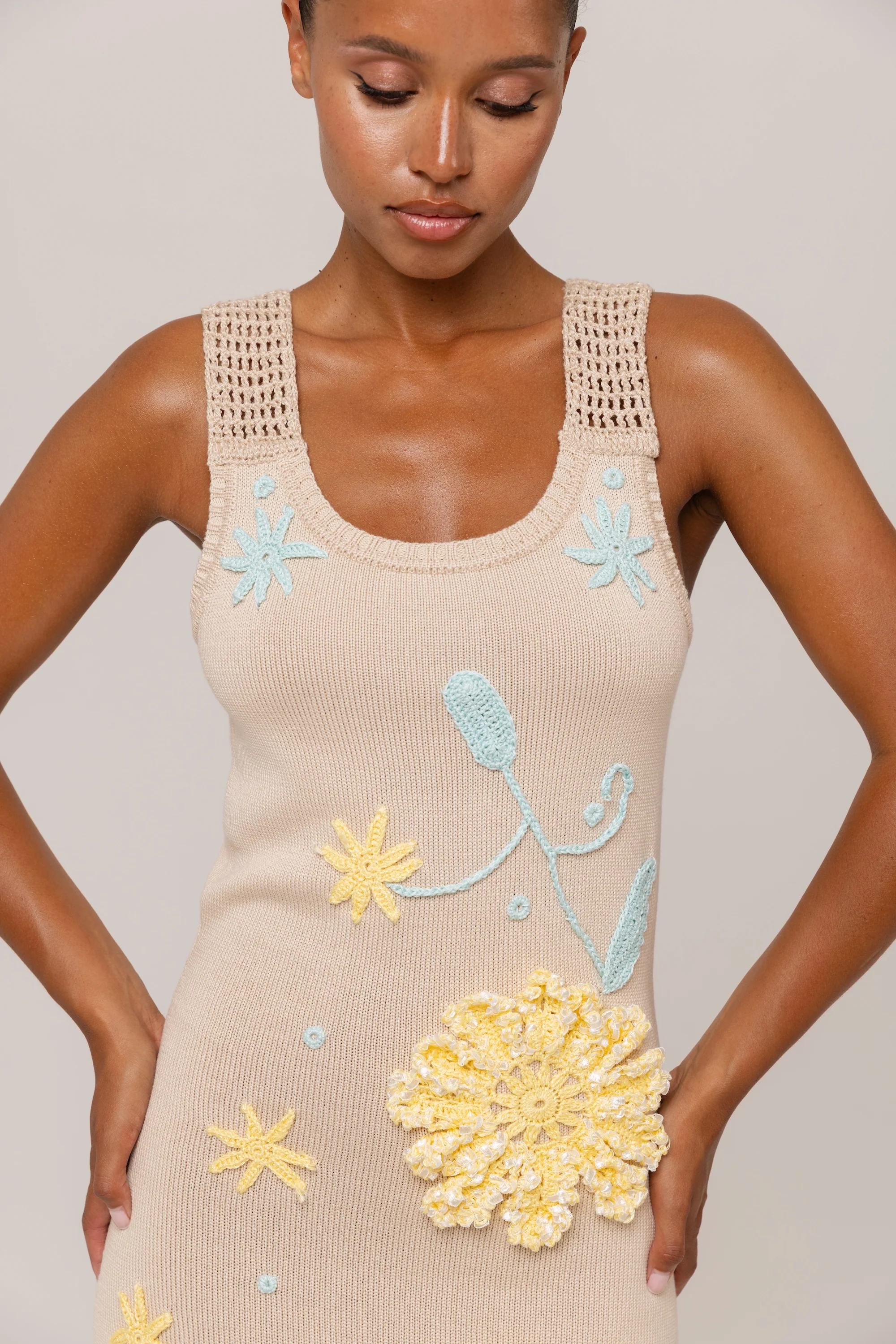 Beige Knit Midi Dress with Yellow & Blue Floral Embroidery - Image 8