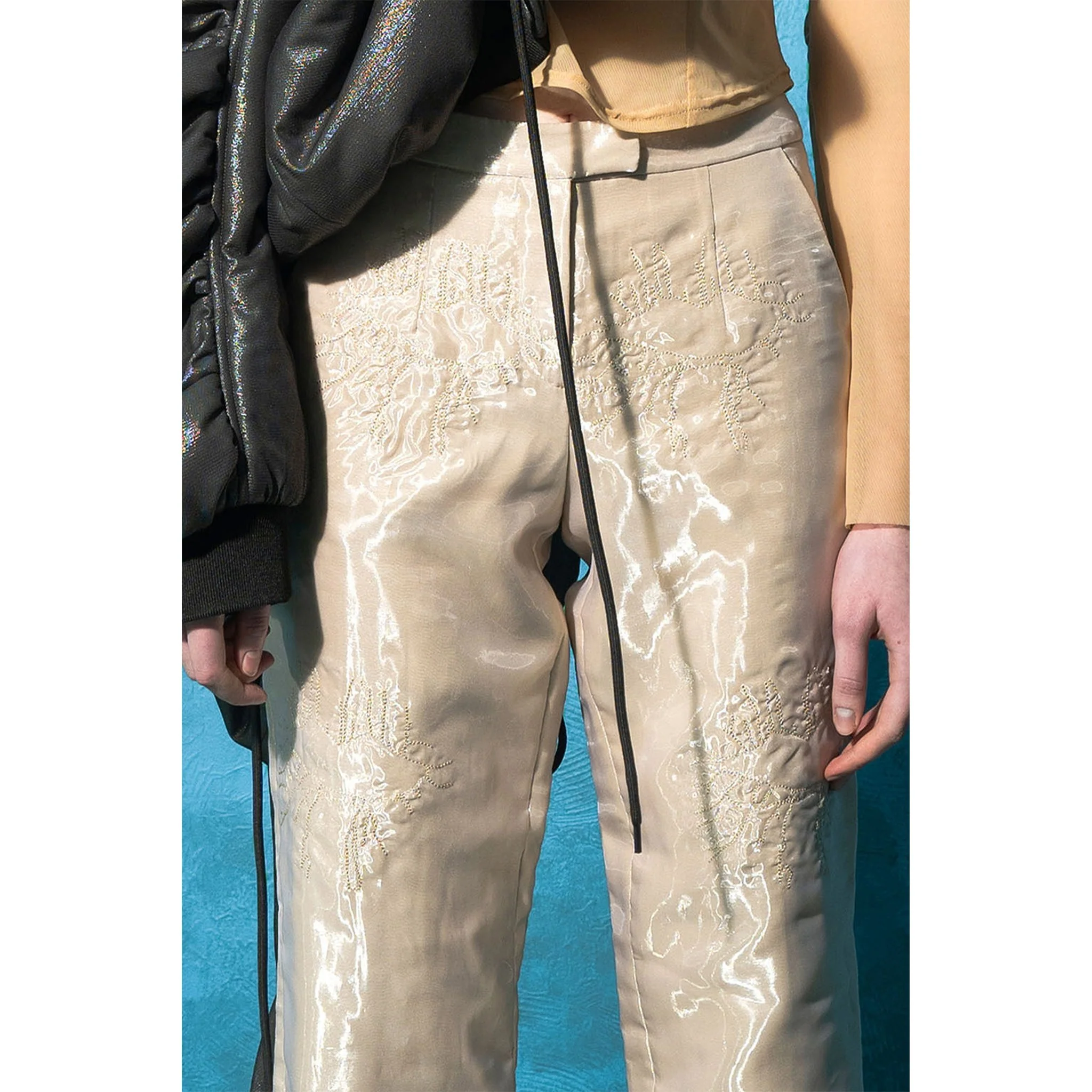 Beige Organza Straight Pants - Image 3