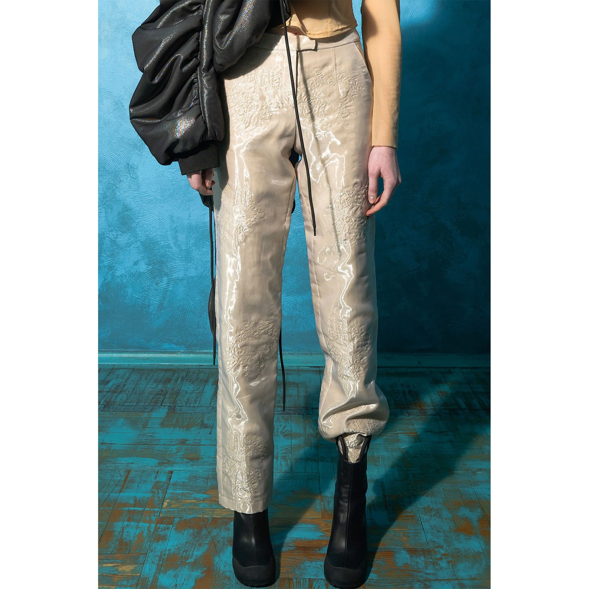 Beige Organza Straight Pants - Image 4