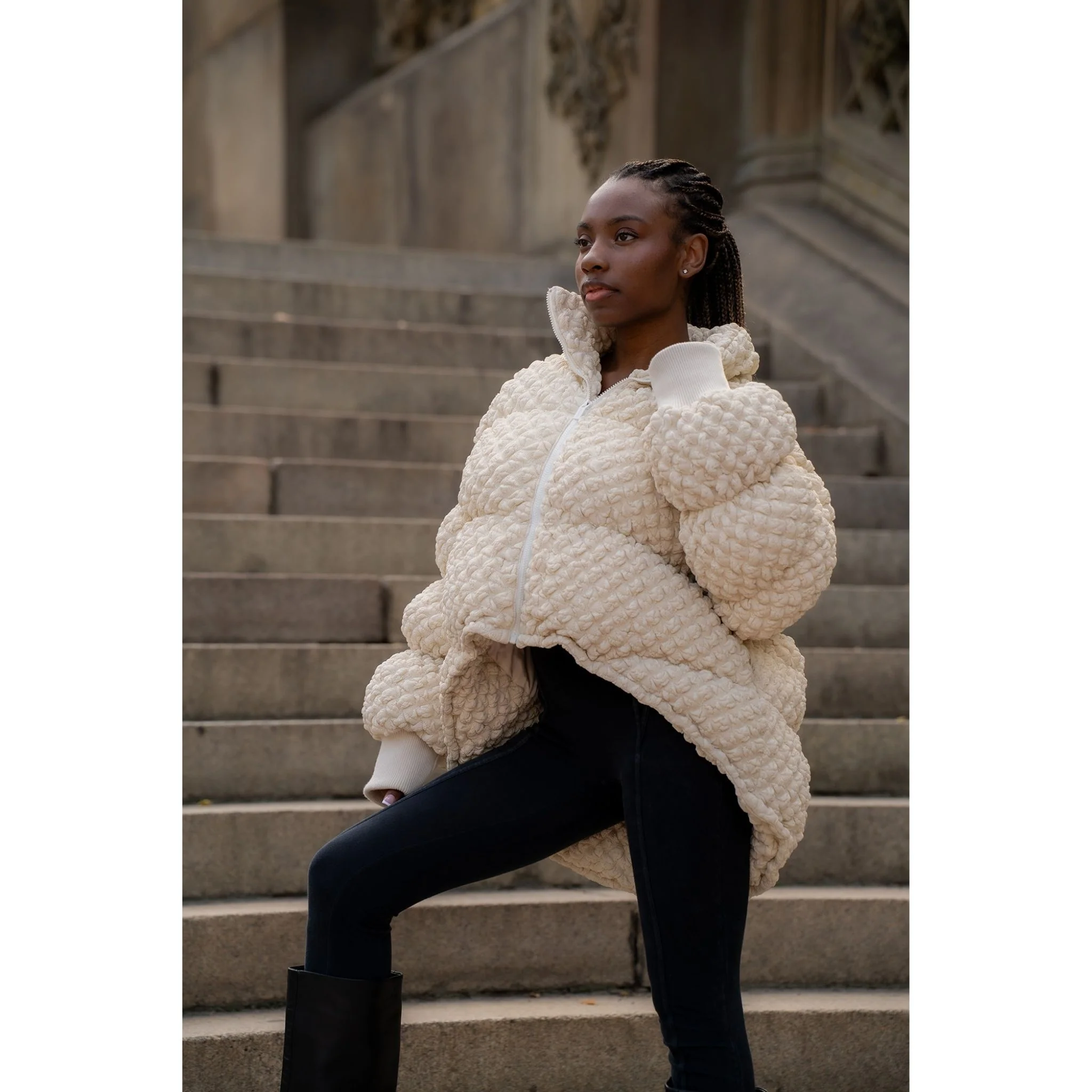 Beige Sculpted COCOON Puffer Jacket in Textured Knit - Image 2