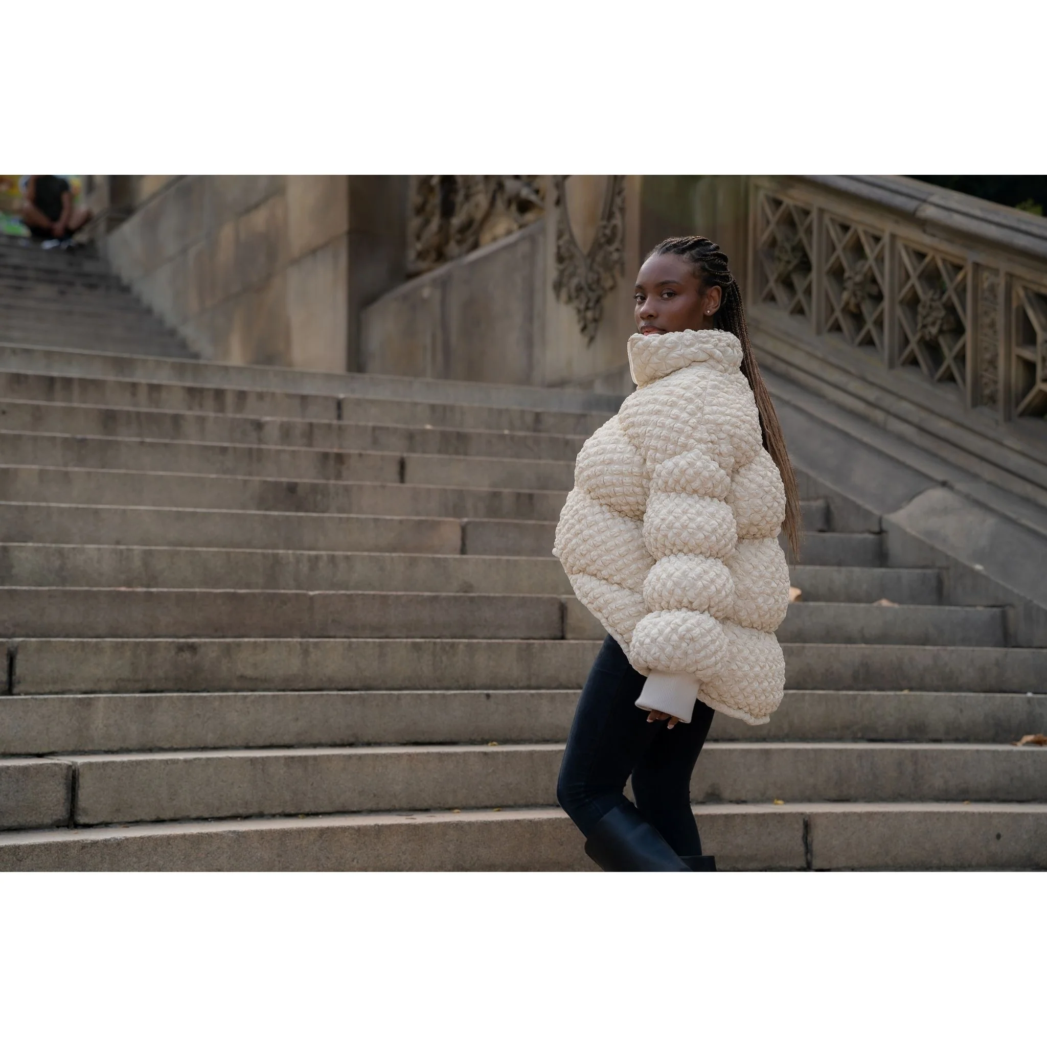 Beige Sculpted COCOON Puffer Jacket in Textured Knit - Image 3