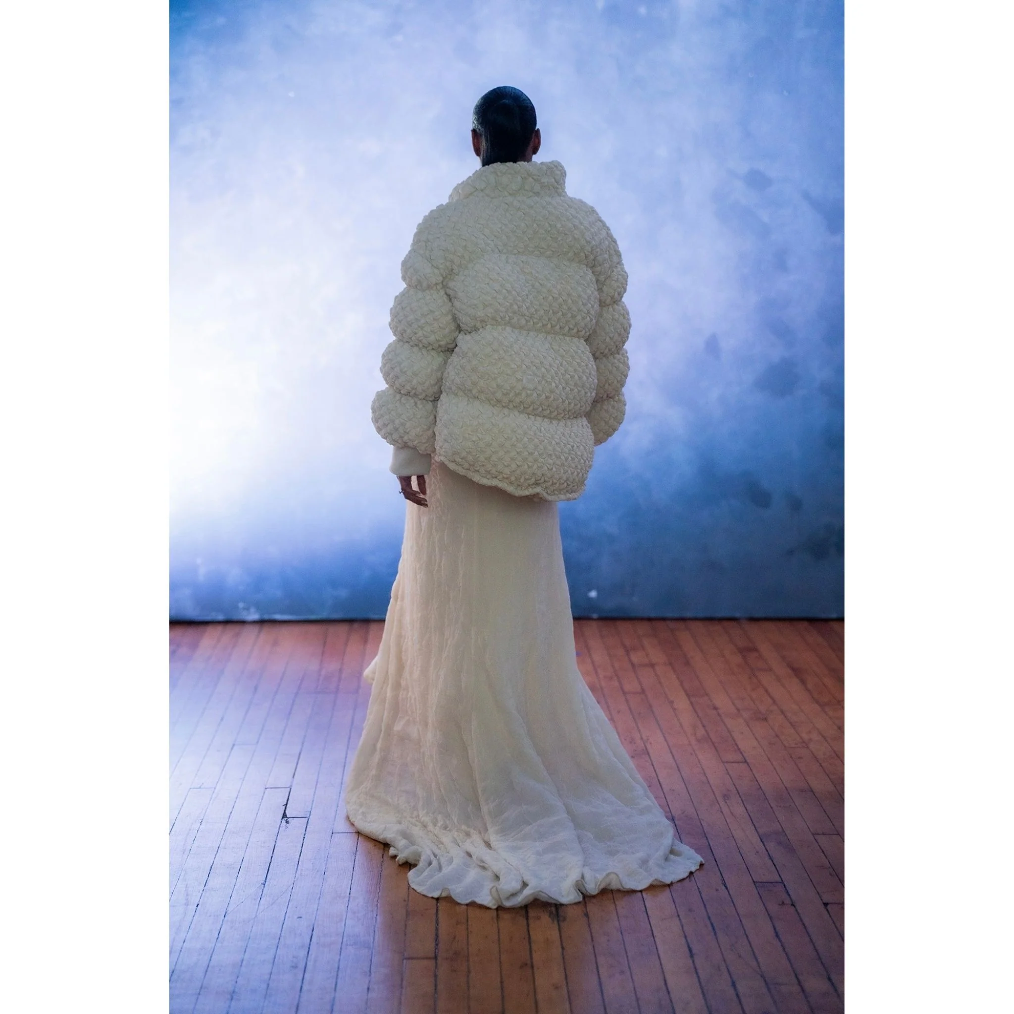 Beige Sculpted COCOON Puffer Jacket in Textured Knit - Image 4