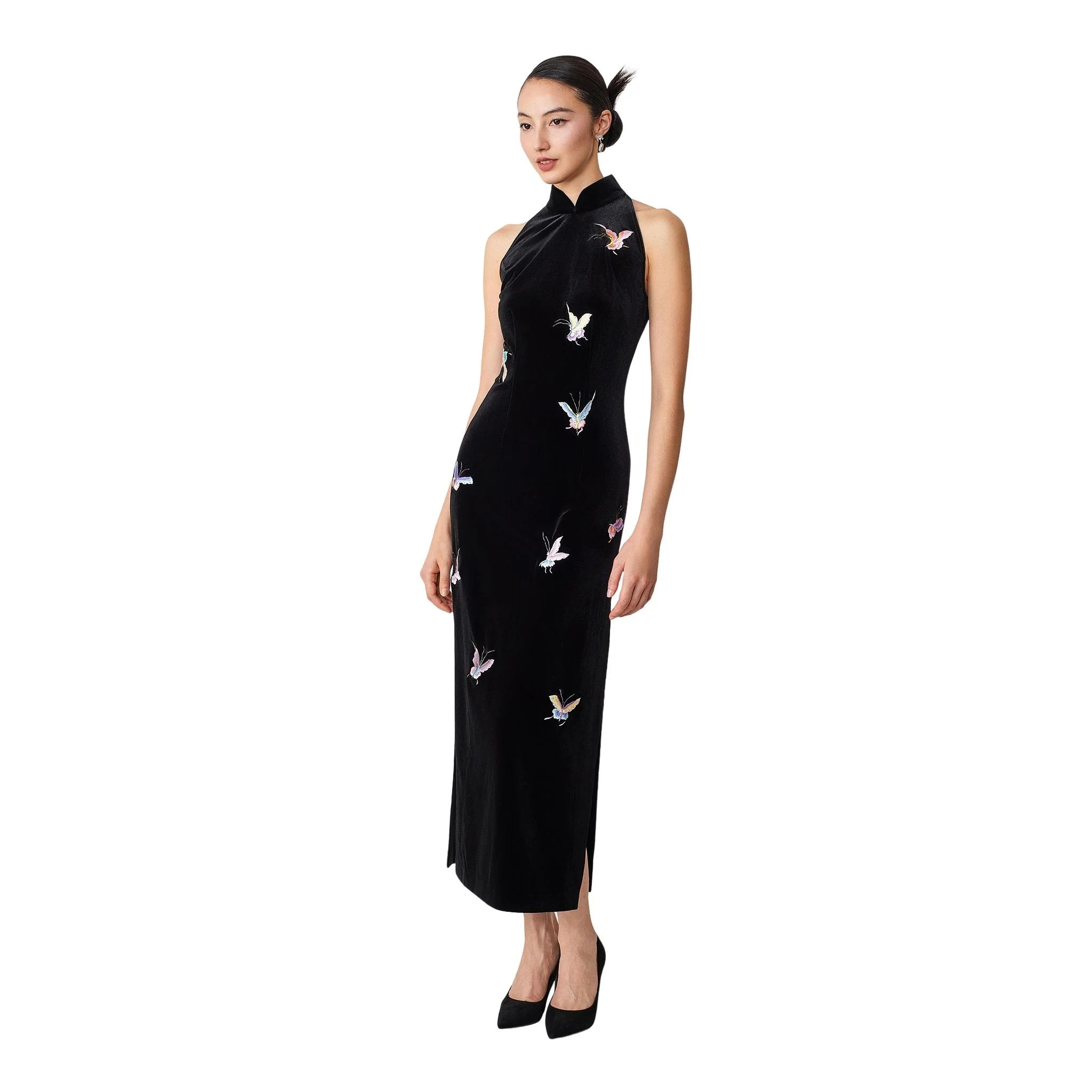 Black Halter-Neck Butterfly Qipao - Image 2