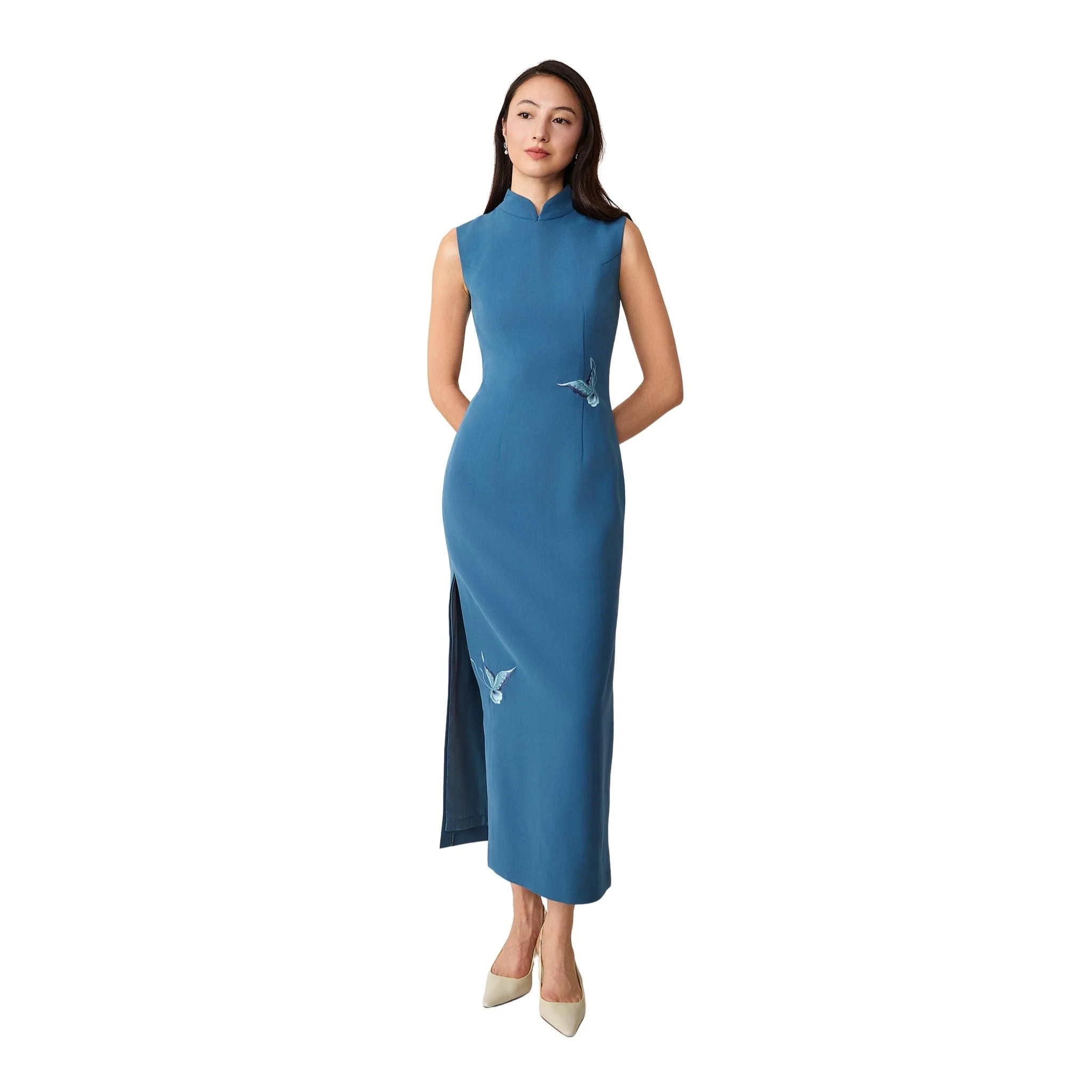 Blue Twin Butterfly Sleeveless Qipao - Image 2