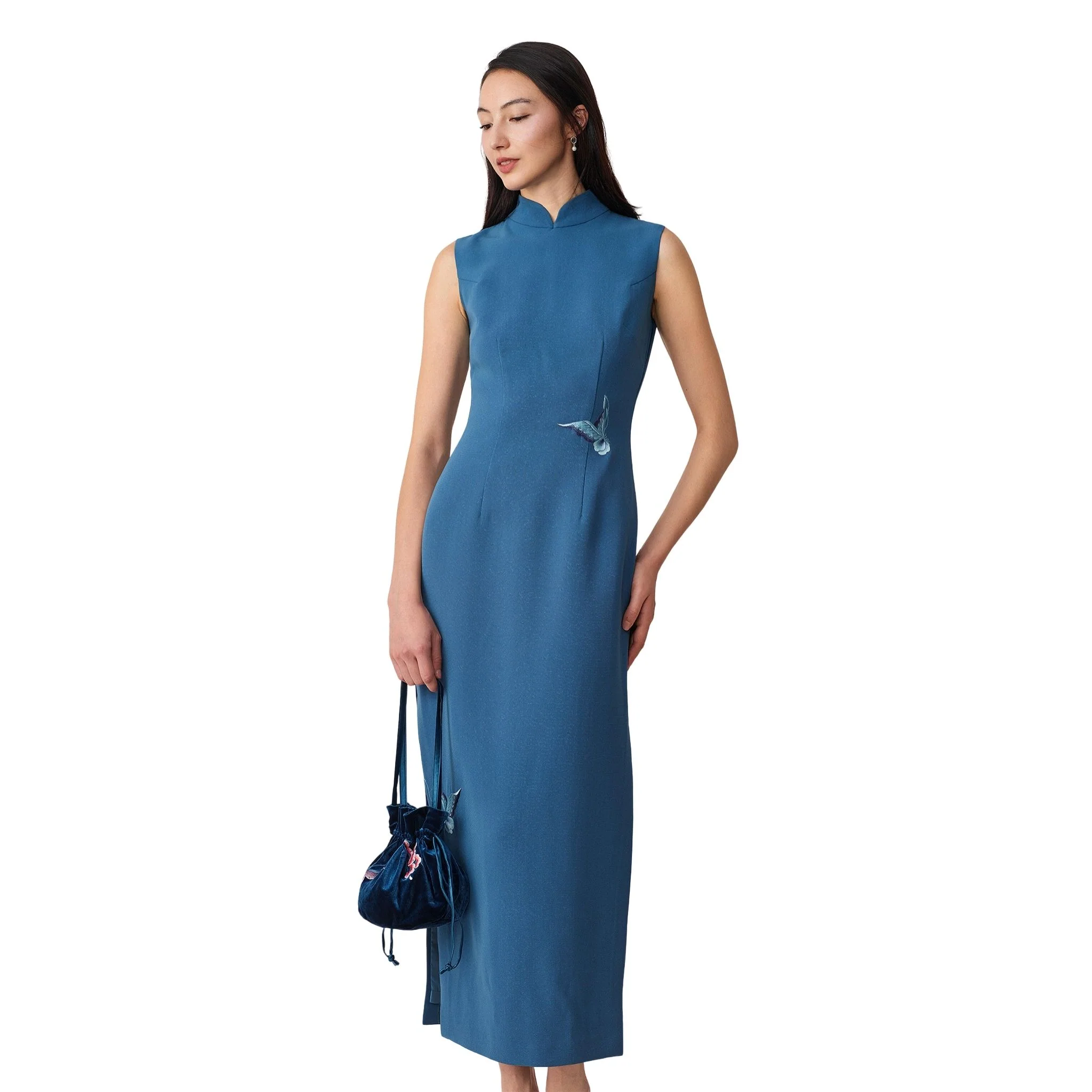Blue Twin Butterfly Sleeveless Qipao - Image 3