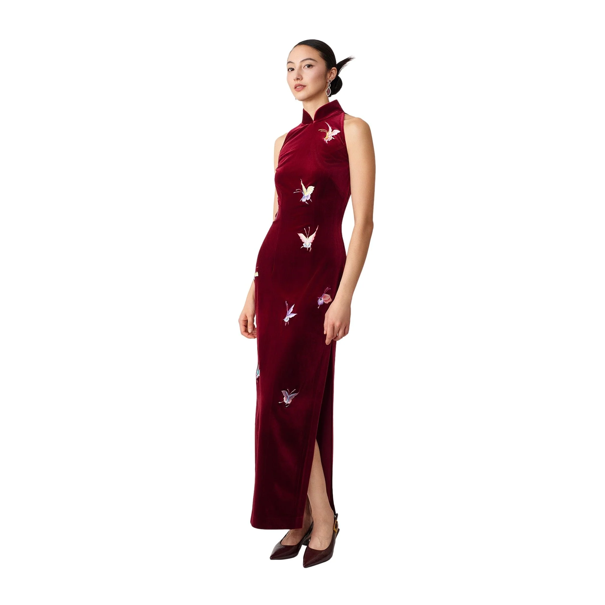 Burgundy Halter-Neck Butterfly Qipao - Image 2