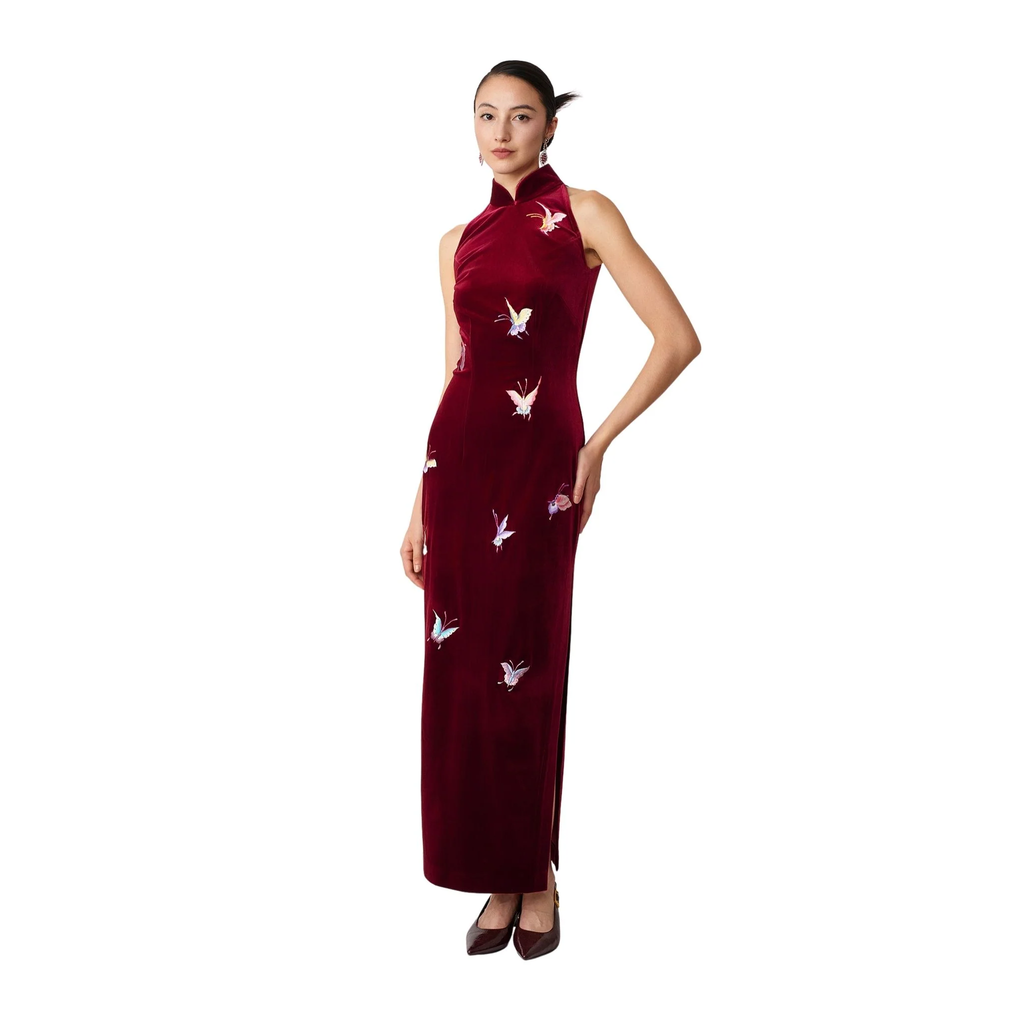 Burgundy Halter-Neck Butterfly Qipao - Image 3