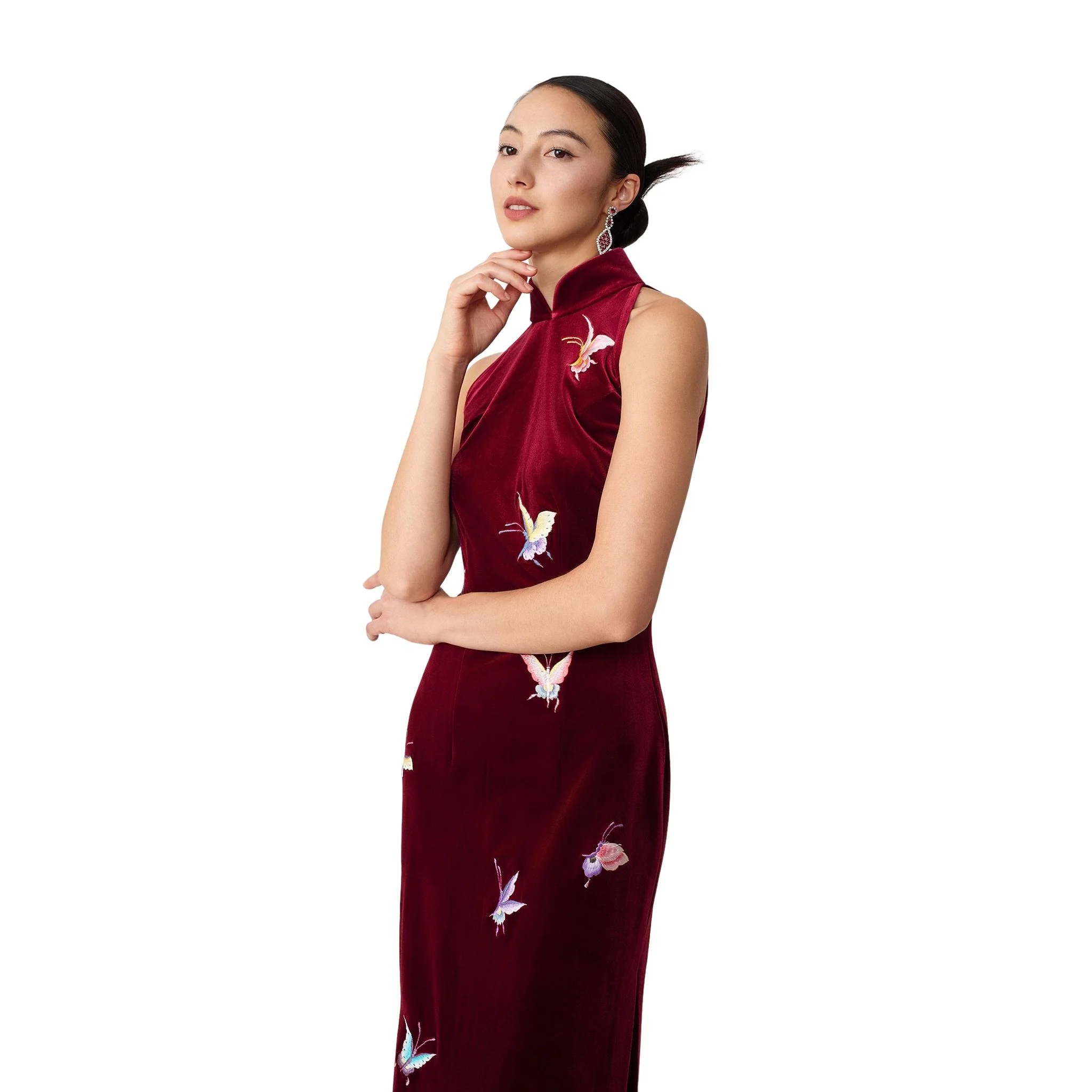 Burgundy Halter-Neck Butterfly Qipao - Image 4